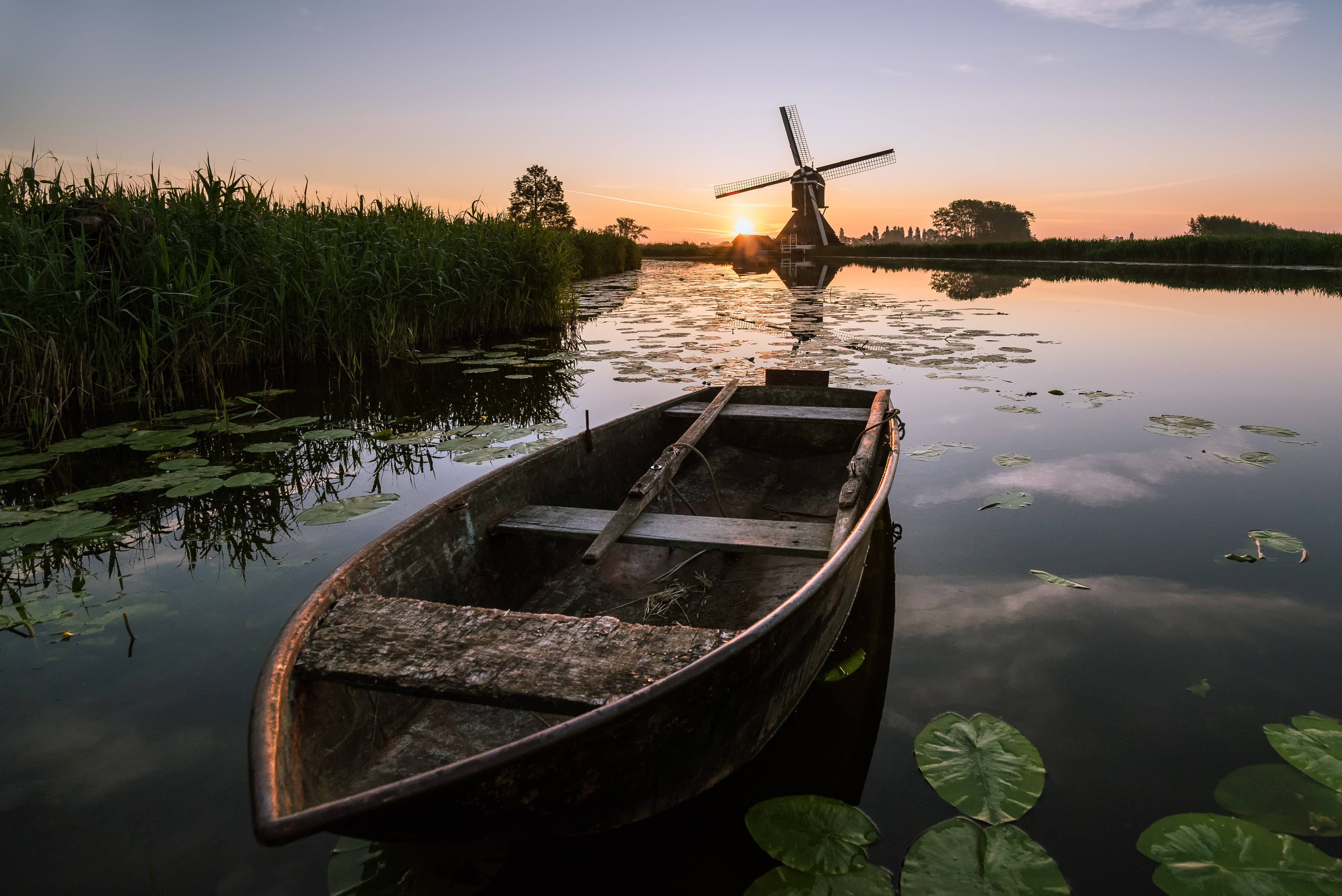 Download mobile wallpaper Sunrise, Boat, Windmill, Man Made for free.