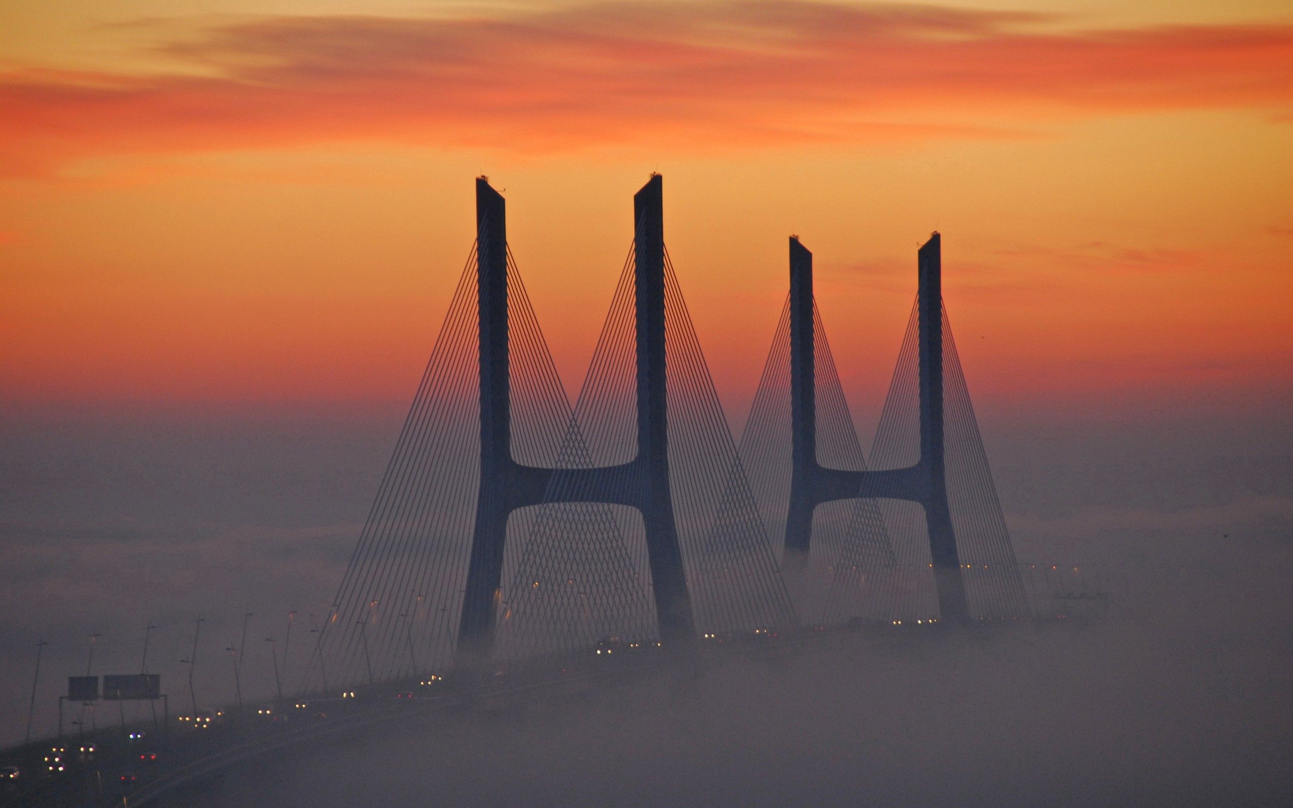 Laden Sie das Sky, Nebel, Brücke, Scheinen, Licht, Städte-Bild kostenlos auf Ihren PC-Desktop herunter