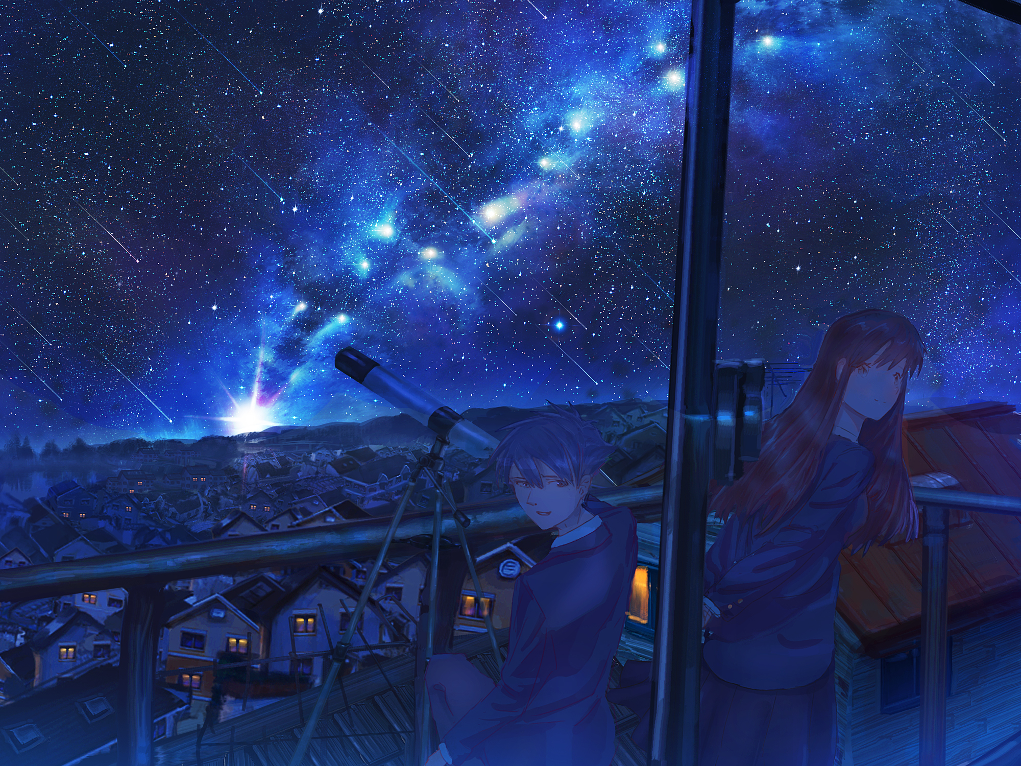 Download mobile wallpaper Anime, City, Starry Sky, Original, Shooting Star for free.