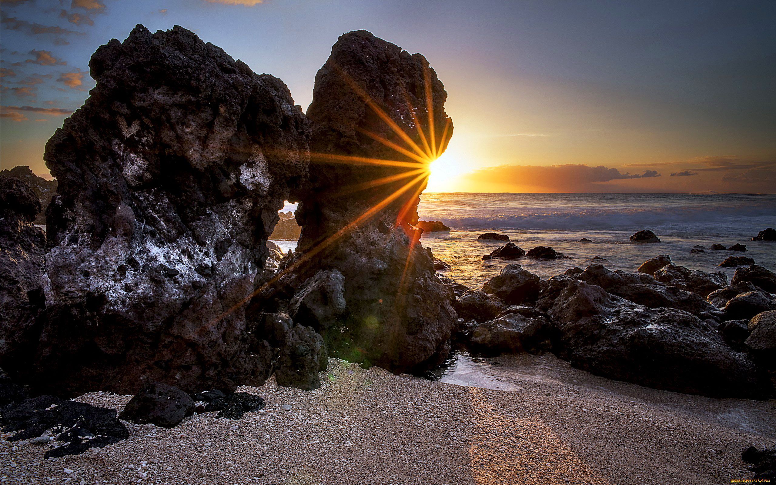Free download wallpaper Stones, Sea, Landscape, Sunset, Beach on your PC desktop