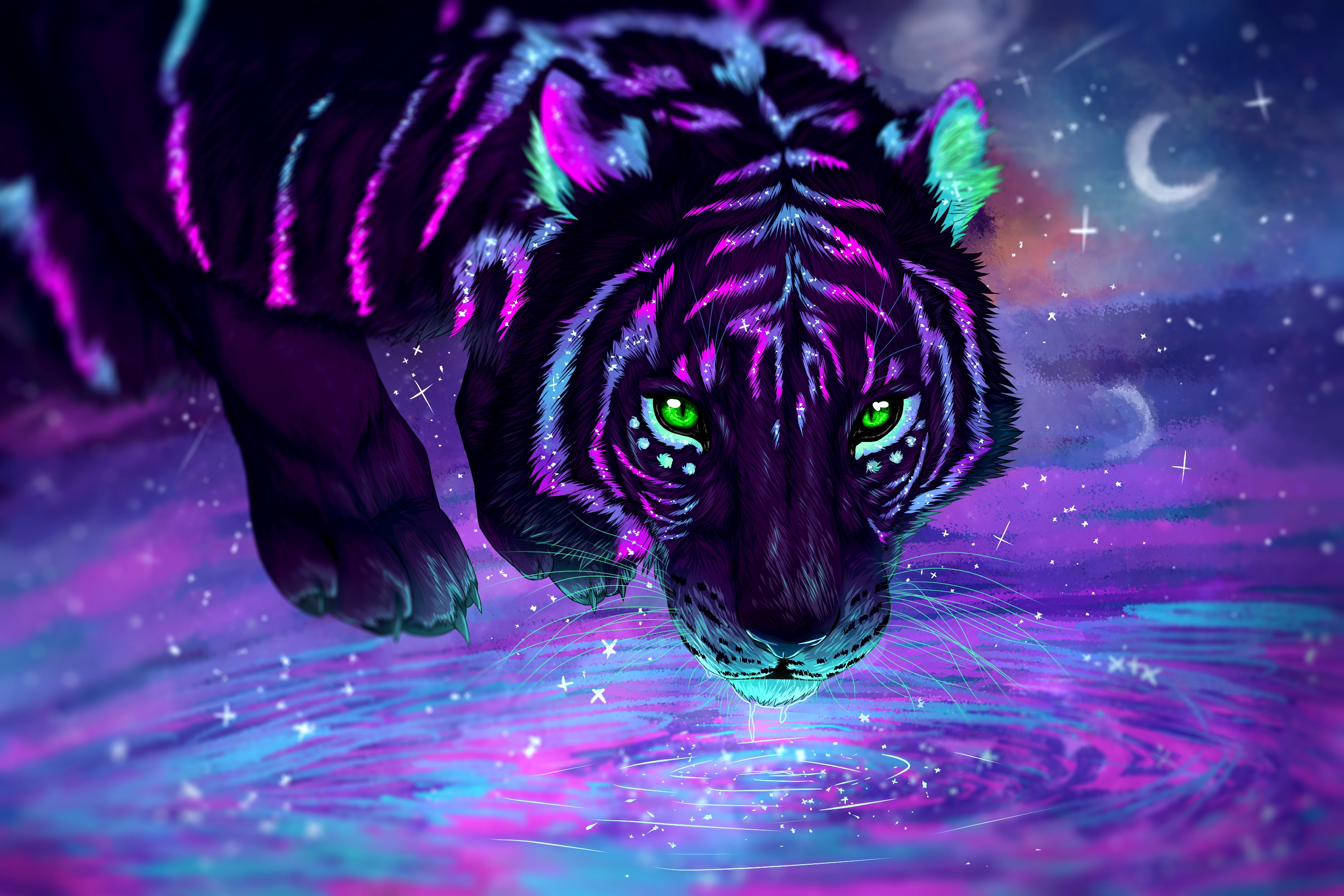 Download mobile wallpaper Water, Fantasy, Night, Reflection, Tiger, Green Eyes, Fantasy Animals for free.
