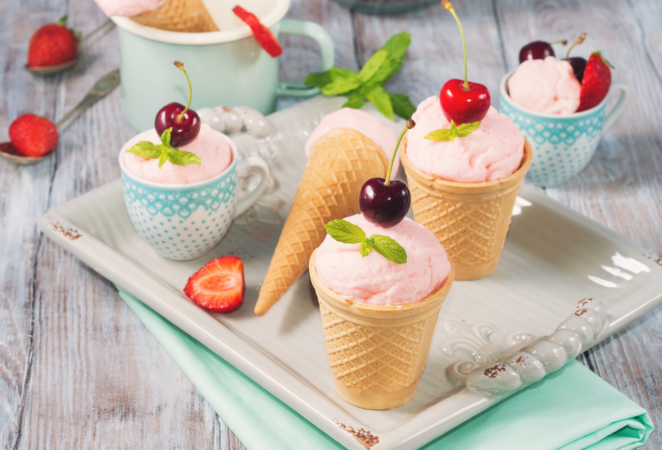Free download wallpaper Food, Cherry, Ice Cream, Still Life, Fruit, Waffle Cone on your PC desktop