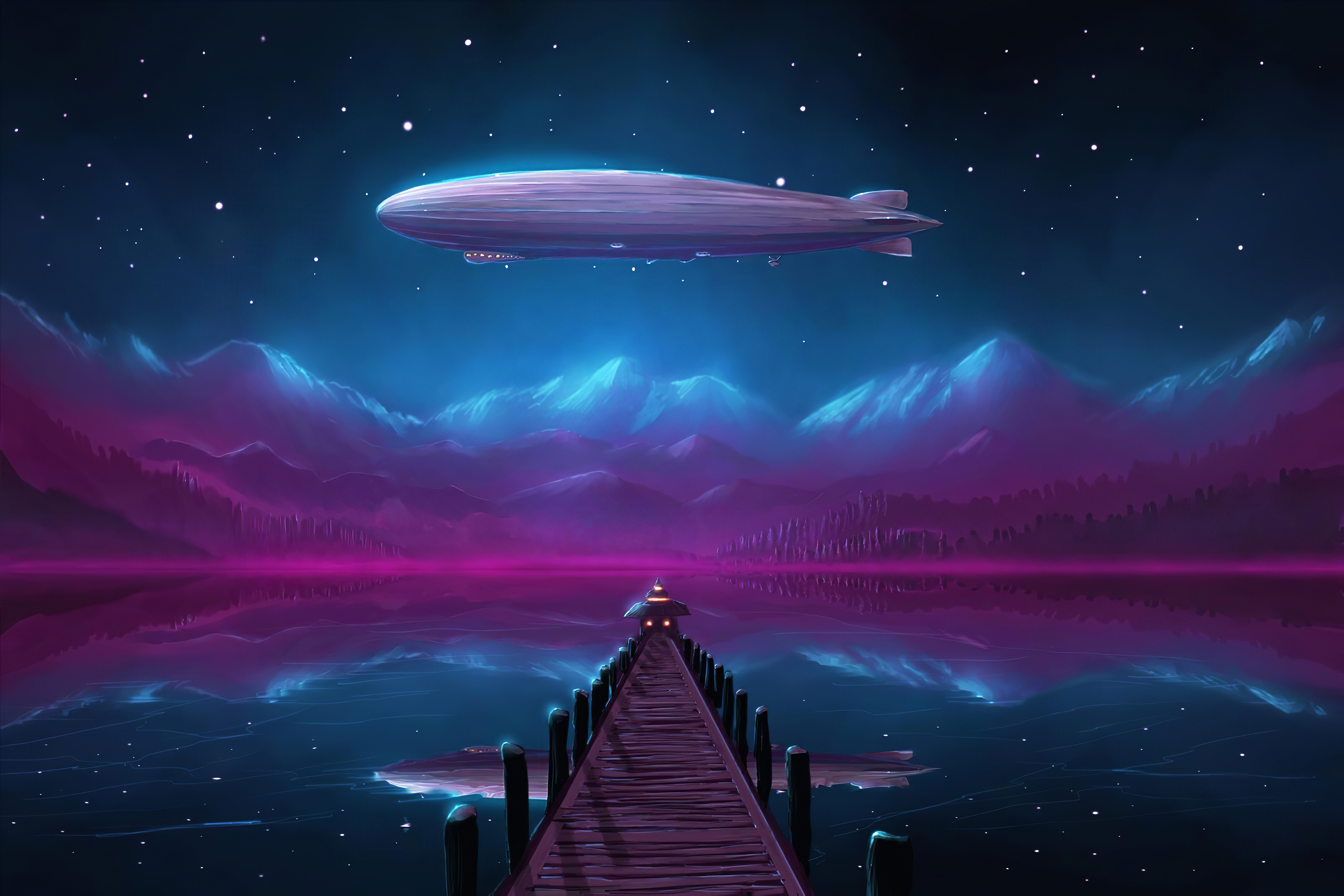 purple, artistic, lake, mountain, nature, night, pier, reflection, zeppelin