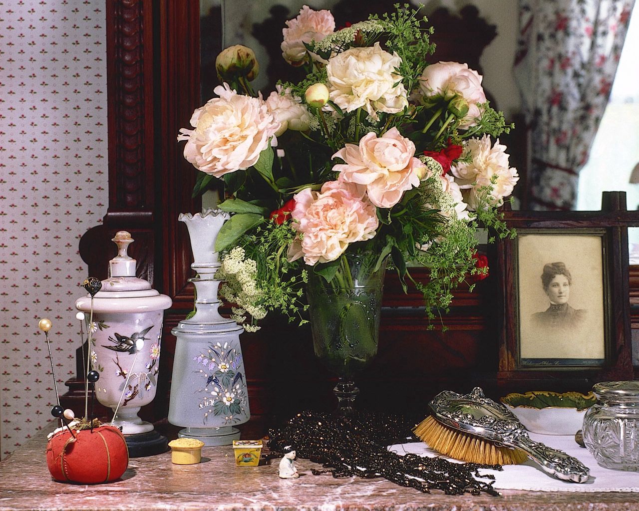 flowers, peonies, bouquet, vase, old man, antiquity, frame, rarity, hairbrush, comb