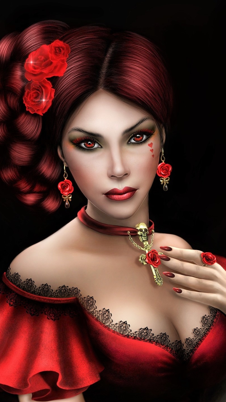 Download mobile wallpaper Fantasy, Face, Women, Earrings, Red Eyes, Lipstick for free.