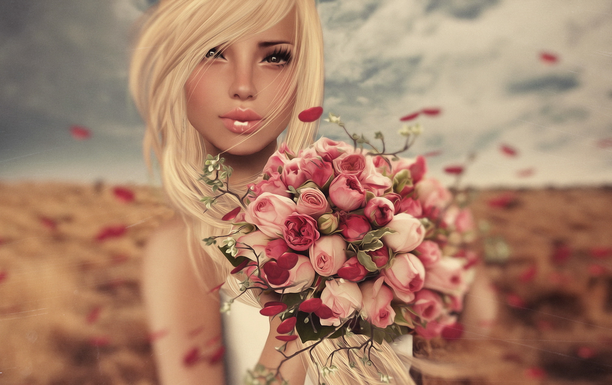 PCデスクトップにファンタジー, 薔薇, 花束, ブロンド, 女性, ピンクの花, ピンクのバラ画像を無料でダウンロード