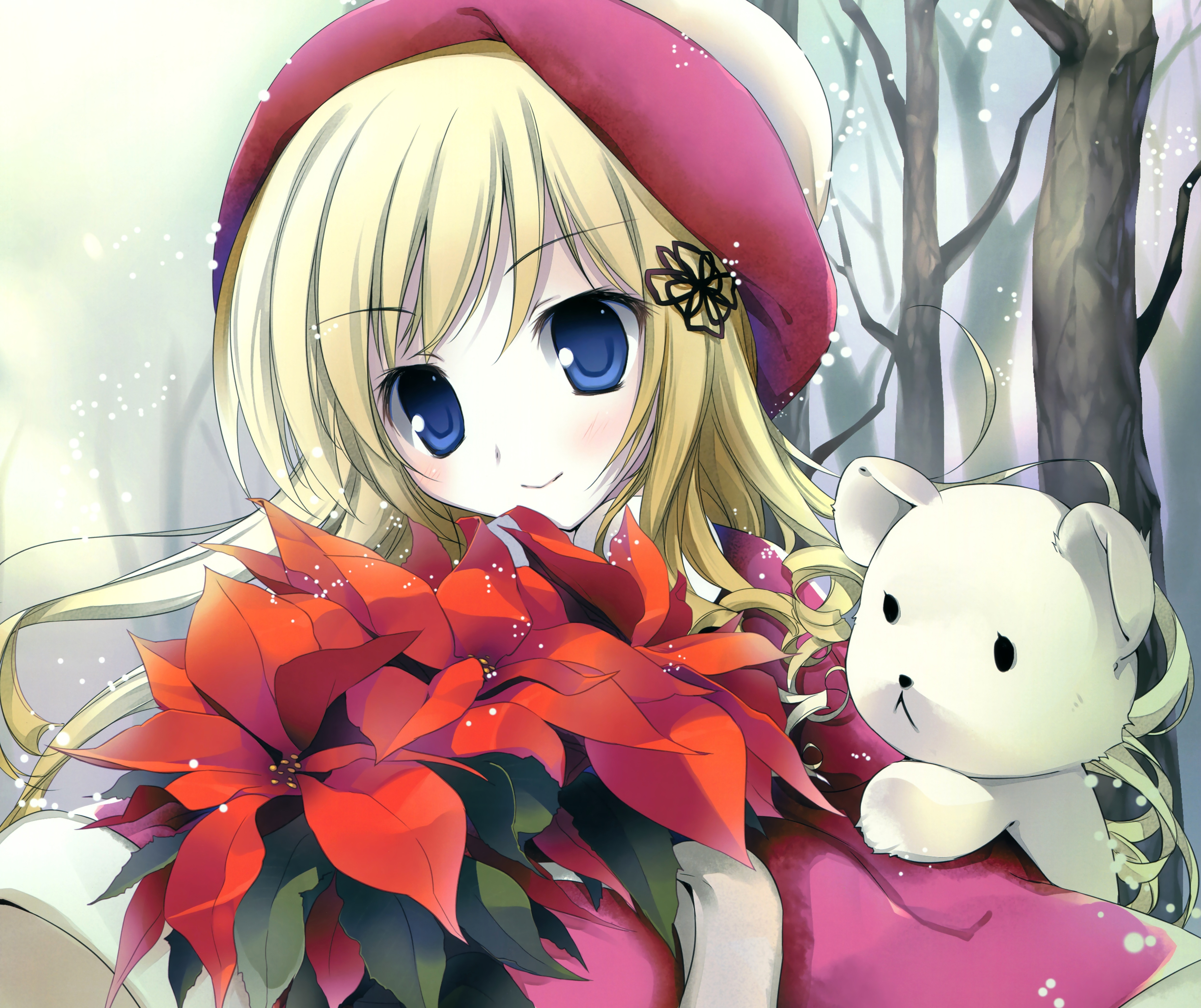 Download mobile wallpaper Anime, Snow, Teddy Bear, Flower, Smile, Blonde, Hat, Blue Eyes, Original, Blush, Long Hair for free.