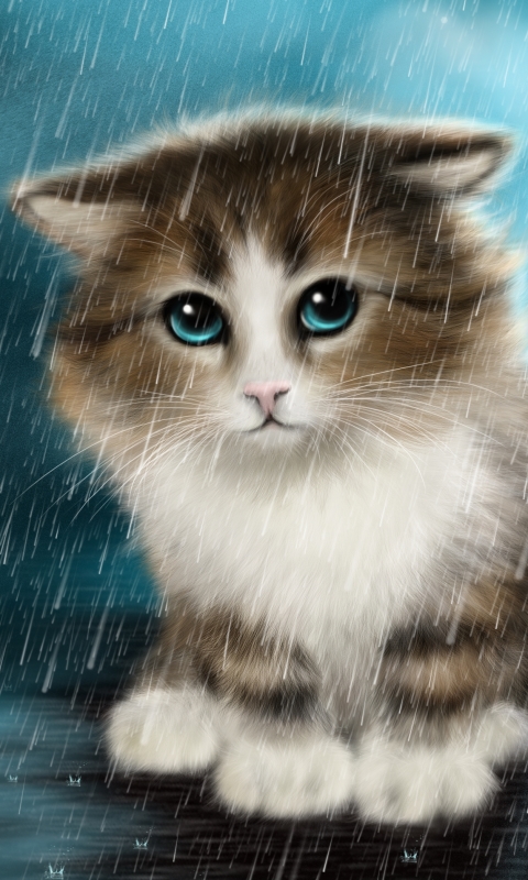 Download mobile wallpaper Cats, Rain, Cat, Kitten, Animal, Painting, Blue Eyes for free.