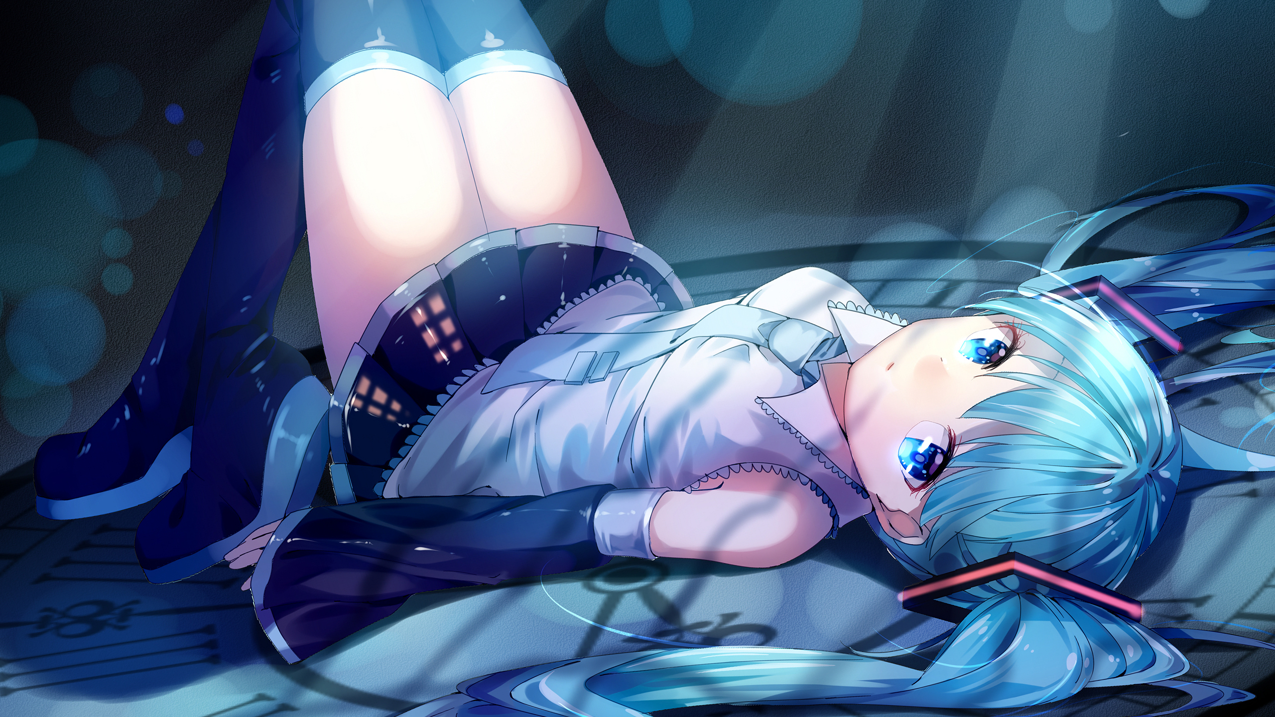 Download mobile wallpaper Anime, Vocaloid, Blue Eyes, Blue Hair, Hatsune Miku, Lying Down for free.