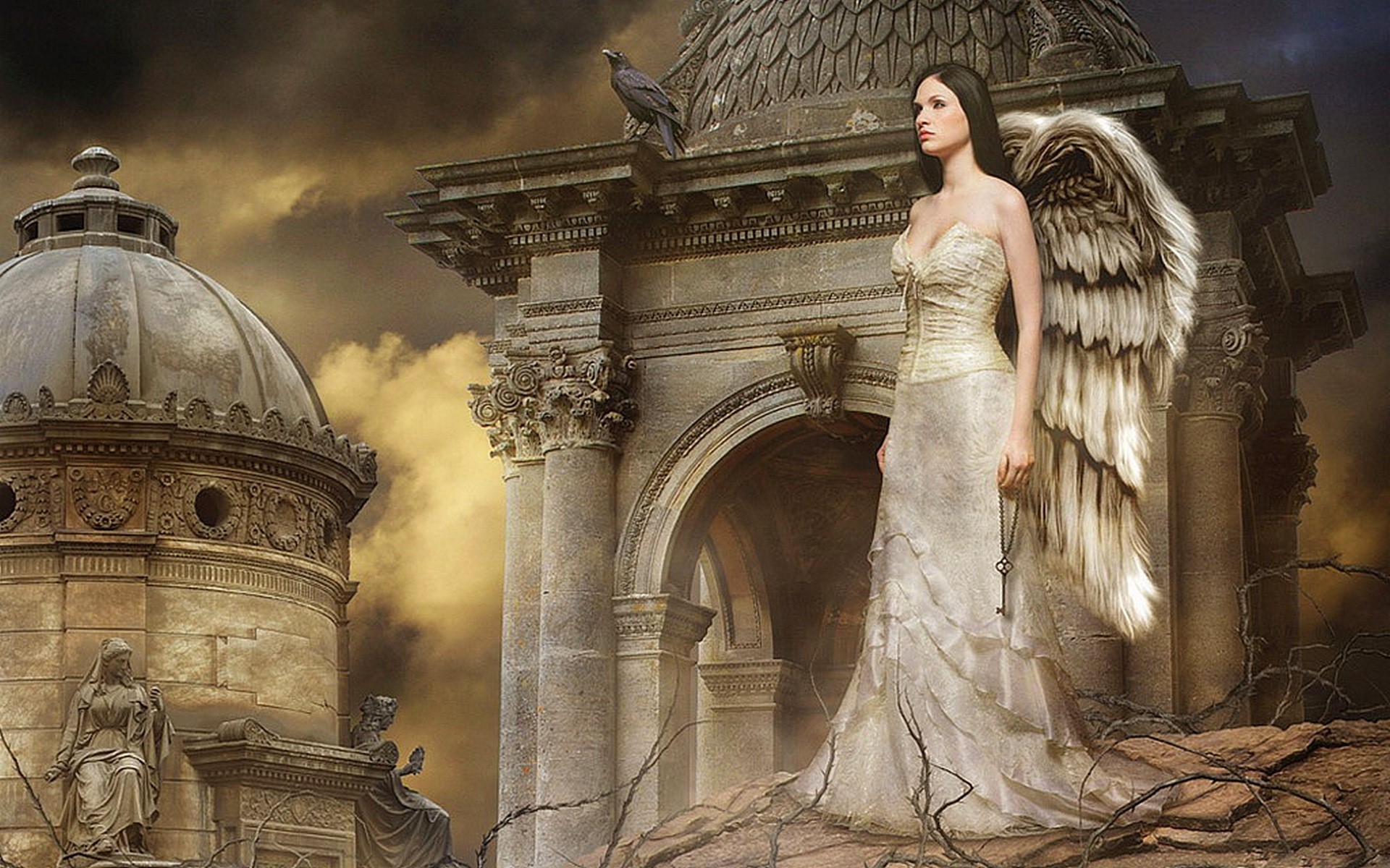 Download mobile wallpaper Fantasy, Wings, Angel, Cemetery, White Dress for free.