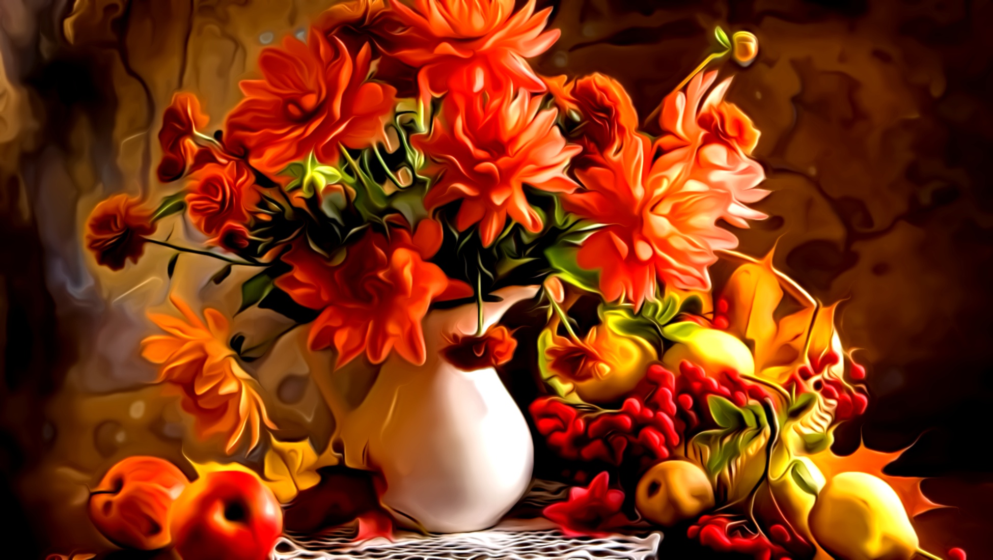 Téléchargez gratuitement l'image Automne, Fleur, Peinture, Fruit, Vase, Artistique, Nature Morte sur le bureau de votre PC