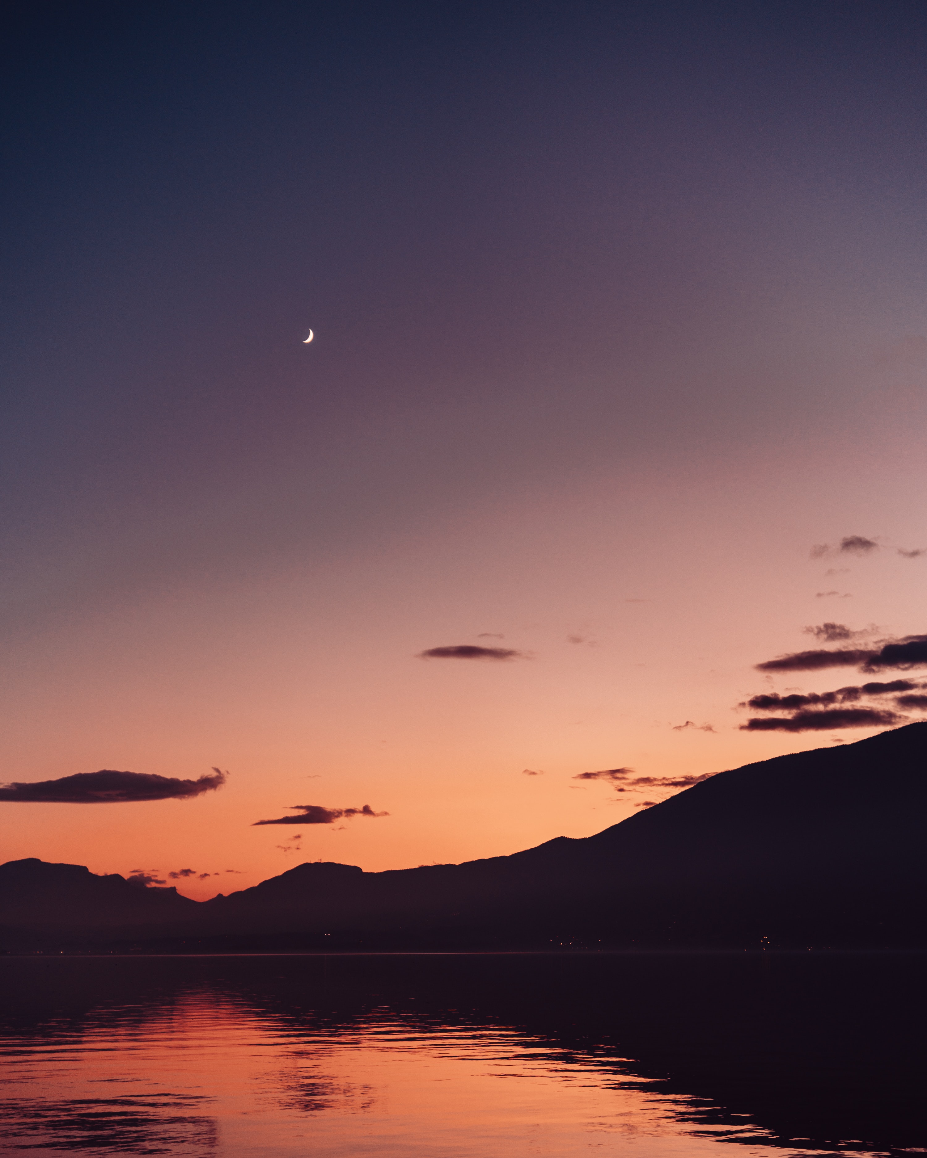 Download mobile wallpaper Dusk, Water, Mountains, Twilight, Lake, Nature, Moon for free.