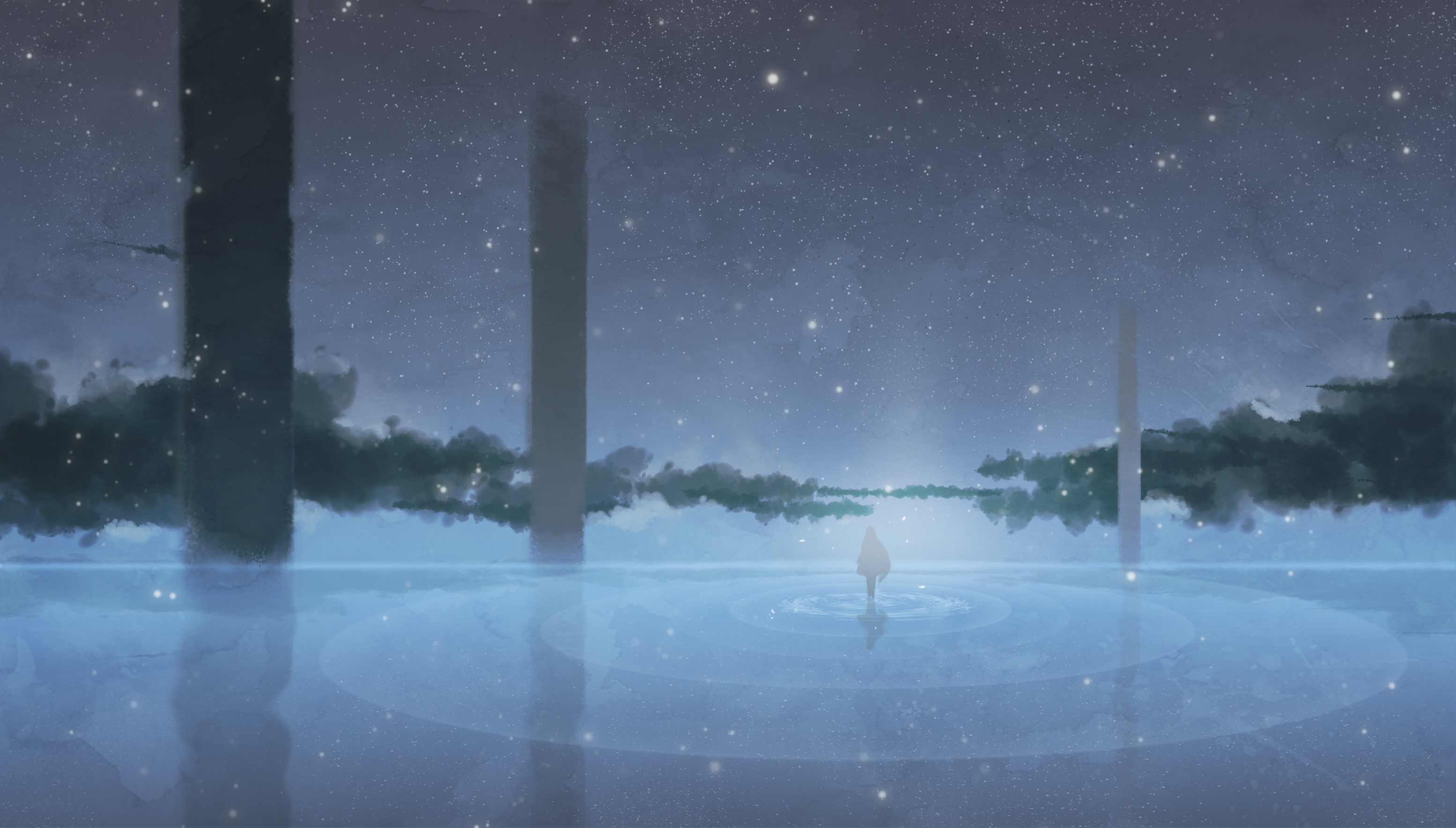 Download mobile wallpaper Anime, Stars, Snow, Lake, Fog, Original for free.