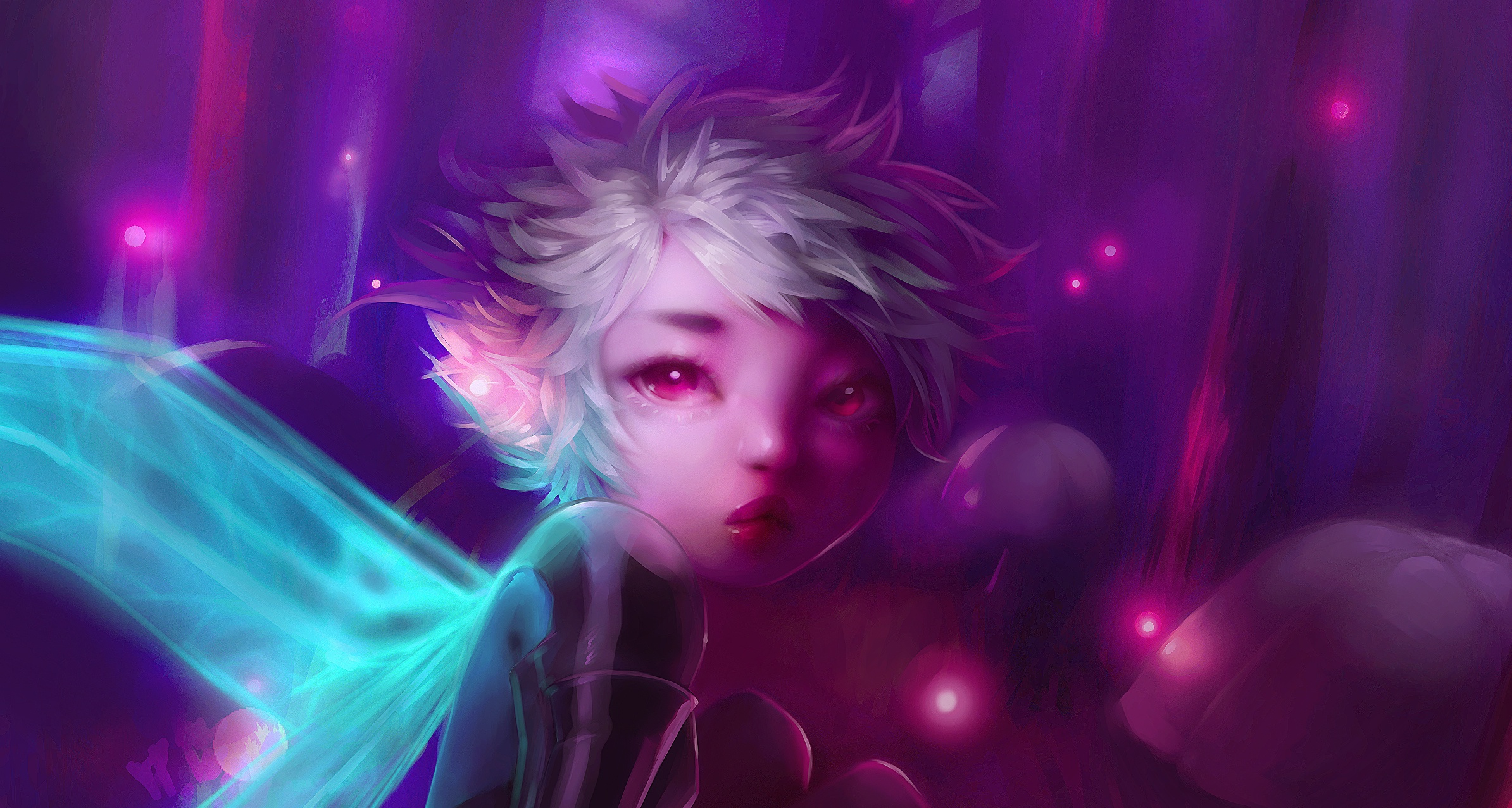 Download mobile wallpaper Fantasy, Fairy, White Hair, Pink Eyes for free.