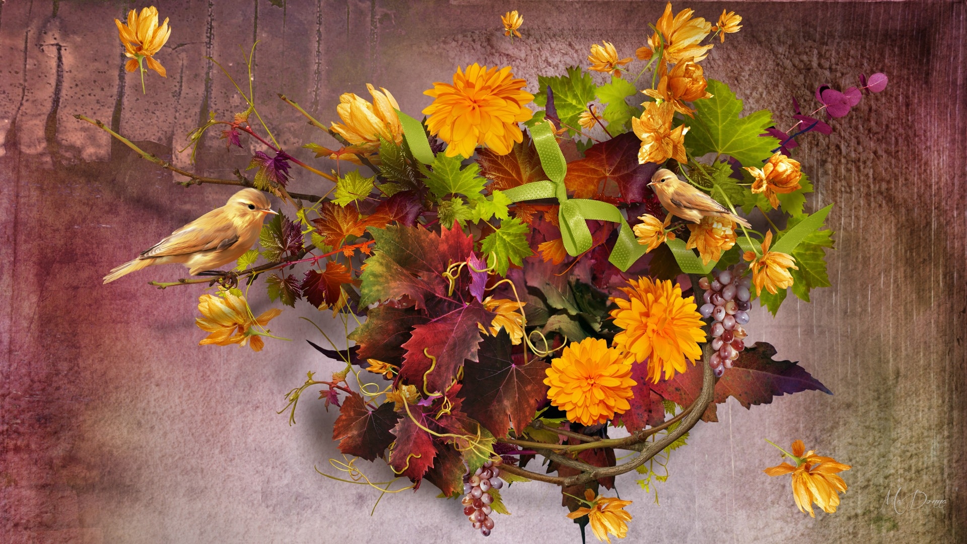 無料モバイル壁紙鳥, 秋, 葉, 花, ブランチ, ベリー, 芸術的, 黄色い花をダウンロードします。