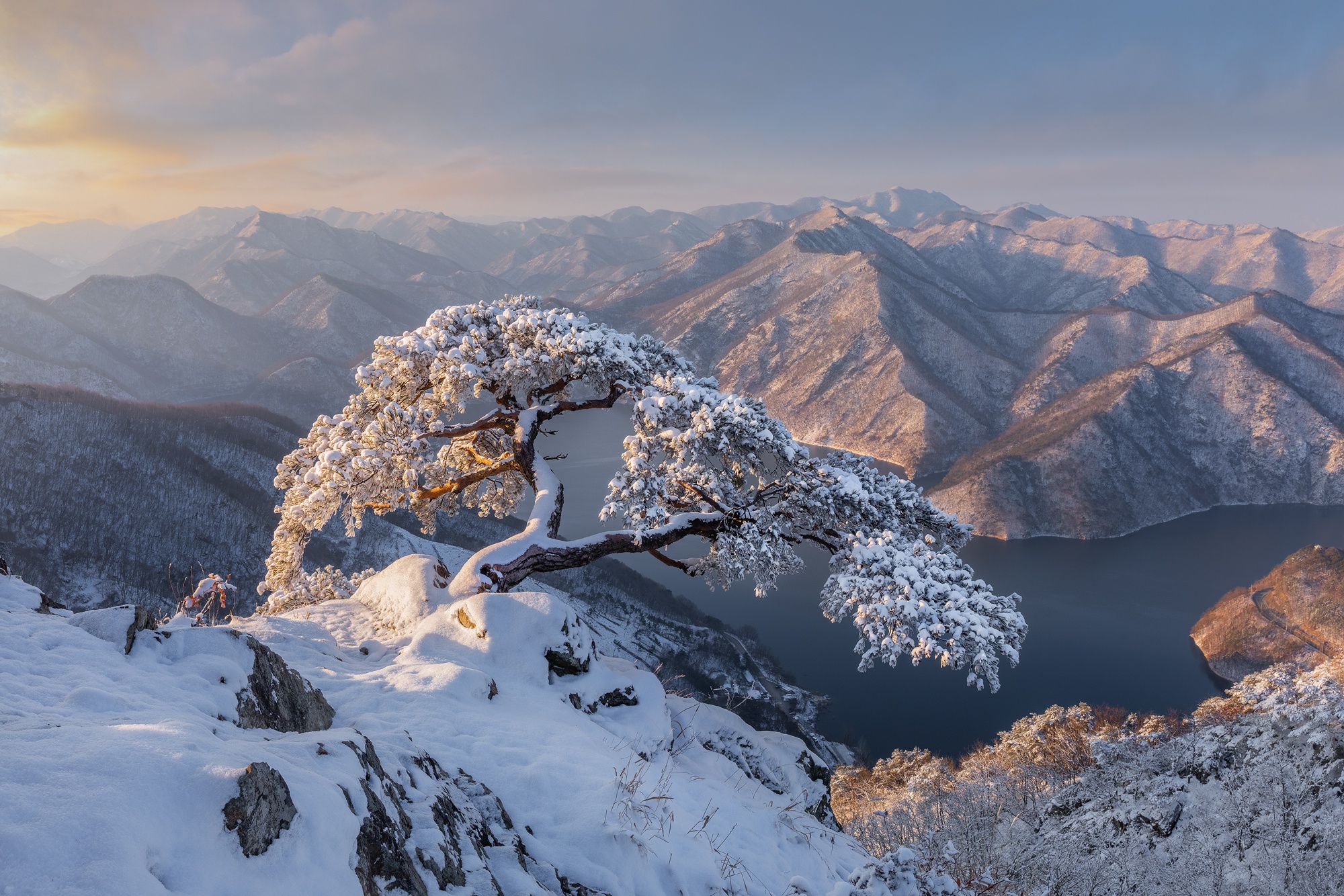 Free download wallpaper Landscape, Winter, Nature, Snow, Mountain, Tree, Earth, River, South Korea on your PC desktop