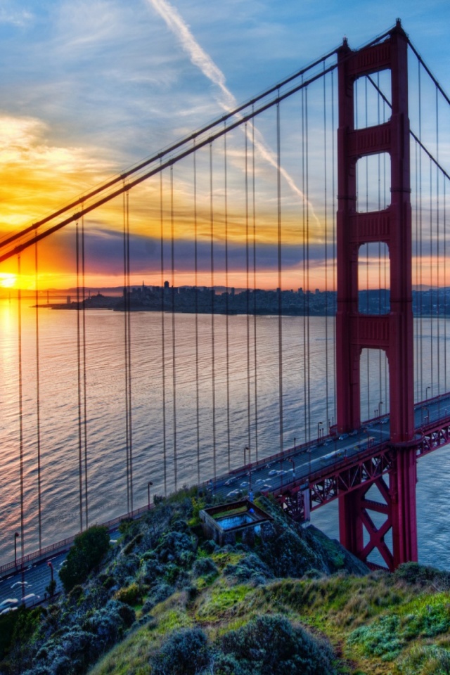 Download mobile wallpaper Water, Bridges, Sunset, Bridge, River, Golden Gate, Man Made for free.