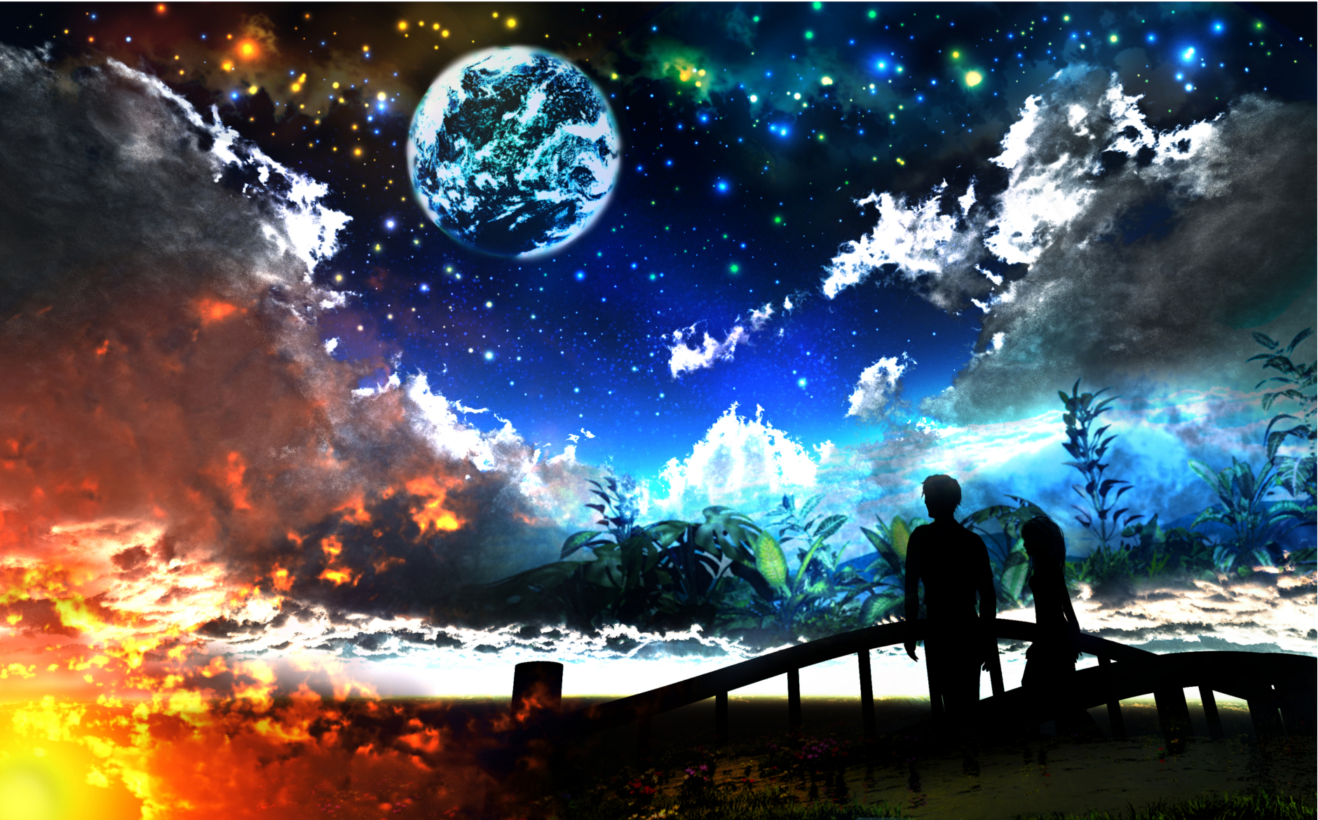 Скачать обои бесплатно Аниме, Небо, Огонь, Звезды, Ночь, Облака, 3D, Мост, Планета, Фантастика, Графика, Оригинал картинка на рабочий стол ПК