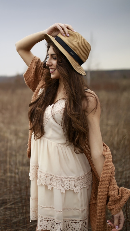 Download mobile wallpaper Mood, Hat, Brunette, Model, Women, Long Hair, White Dress for free.