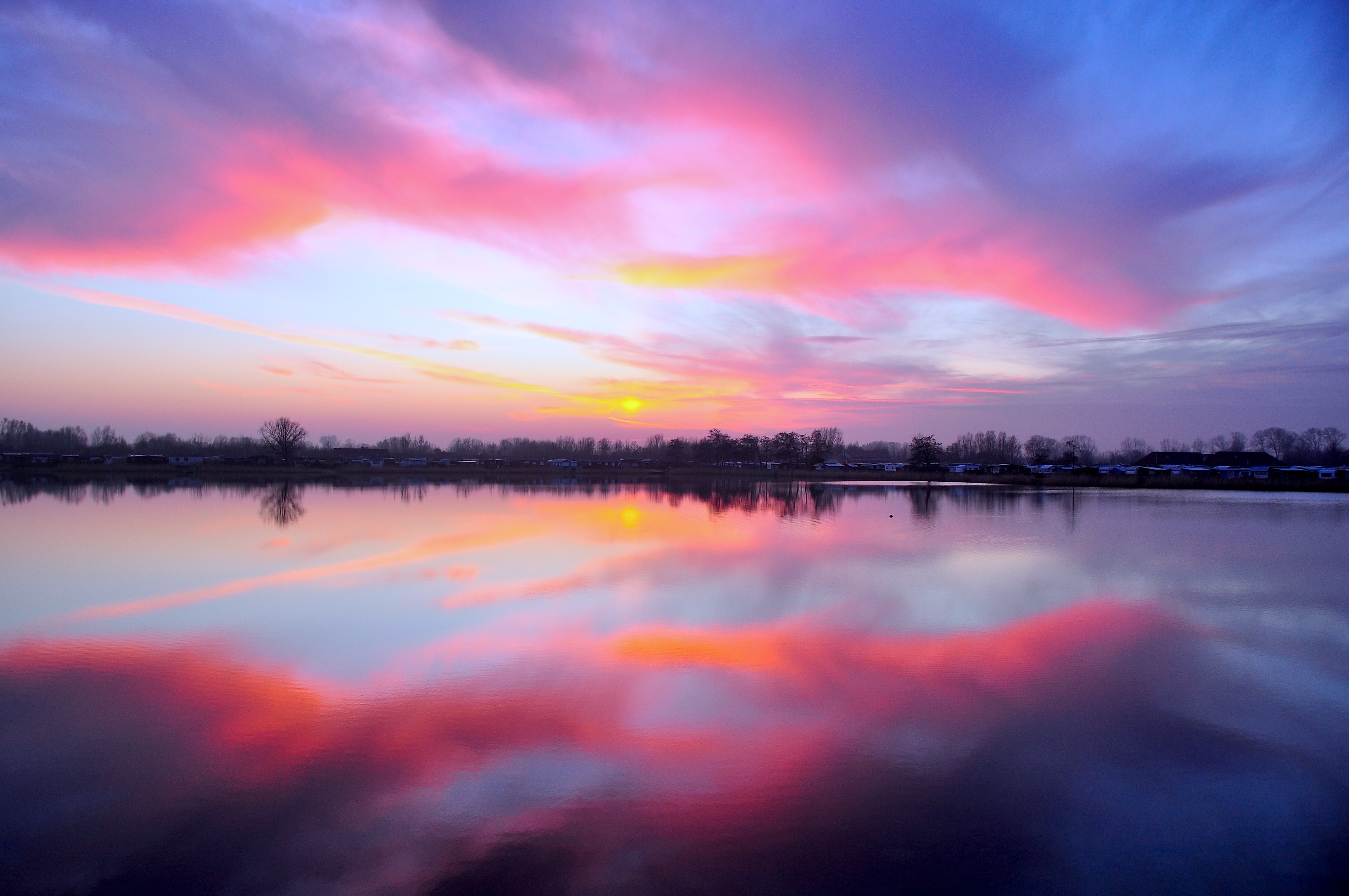 lake, nature, sunset, sky, horizon, reflection download HD wallpaper