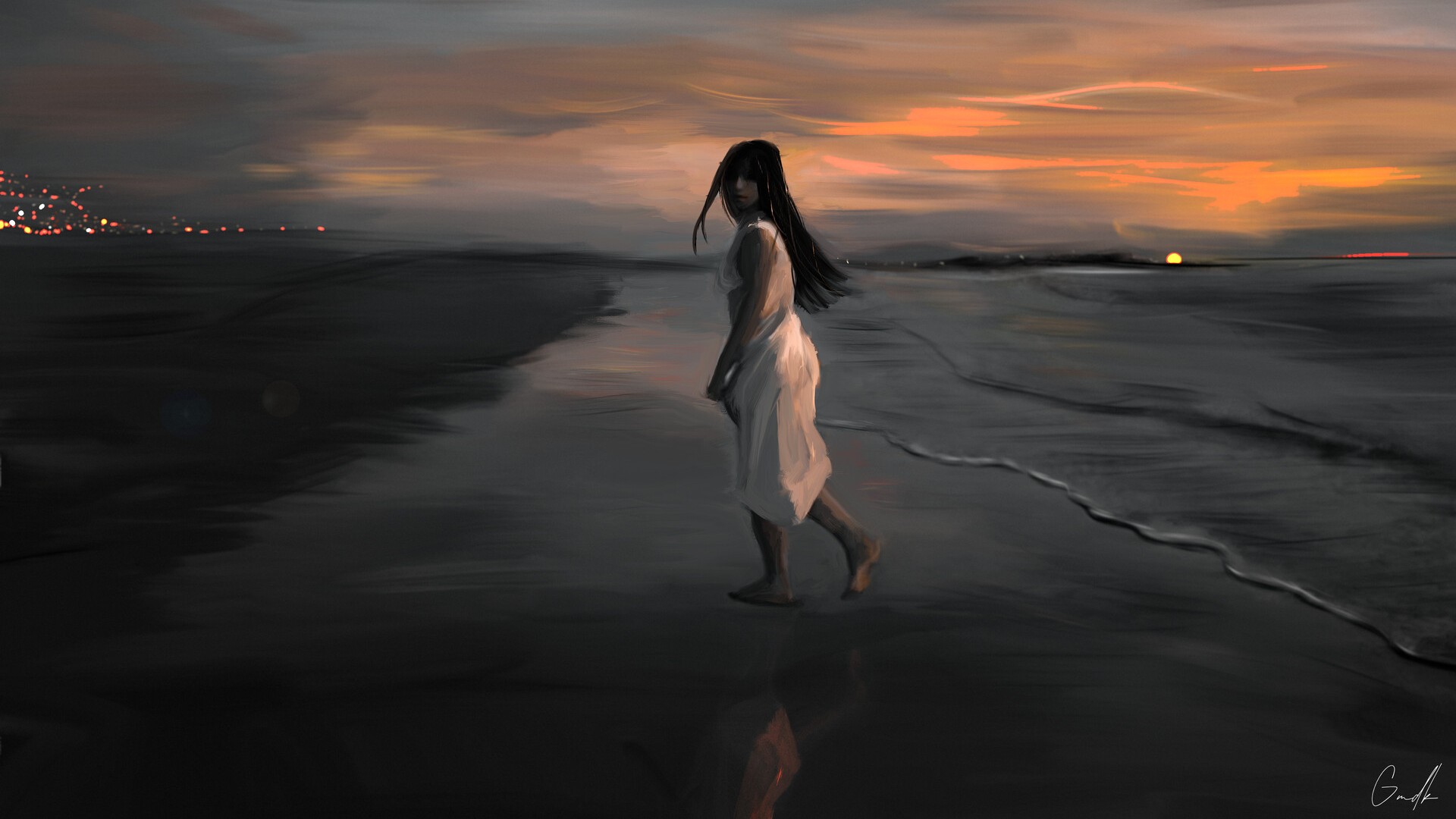 Download mobile wallpaper Sunset, Beach, Painting, Artistic, Women for free.