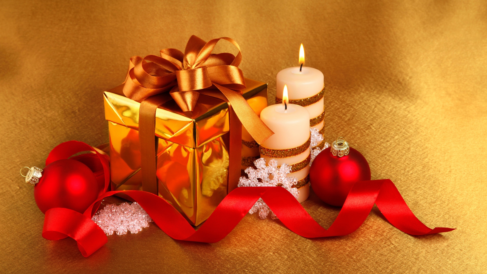 Download mobile wallpaper Gold, Christmas, Holiday, Gift, Candle, Ribbon, Christmas Ornaments for free.