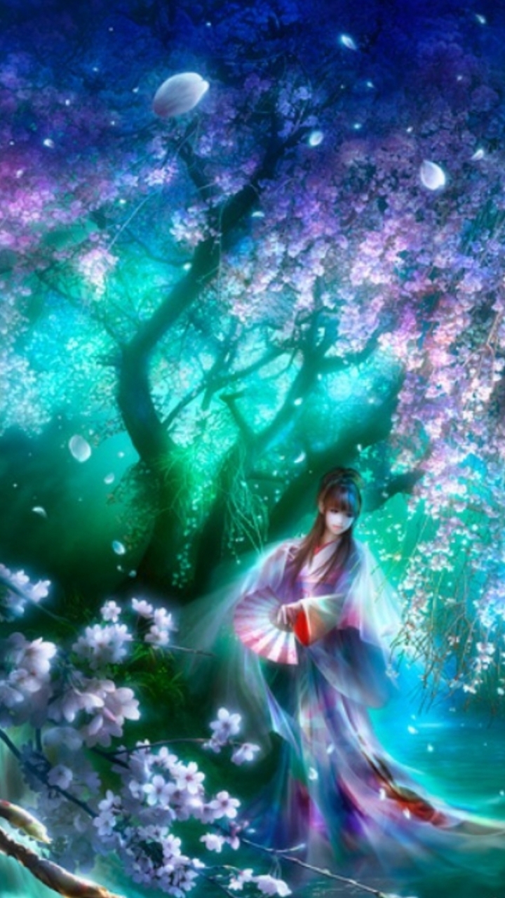 Download mobile wallpaper Oriental, Moonlight, Fantasy, Flower for free.