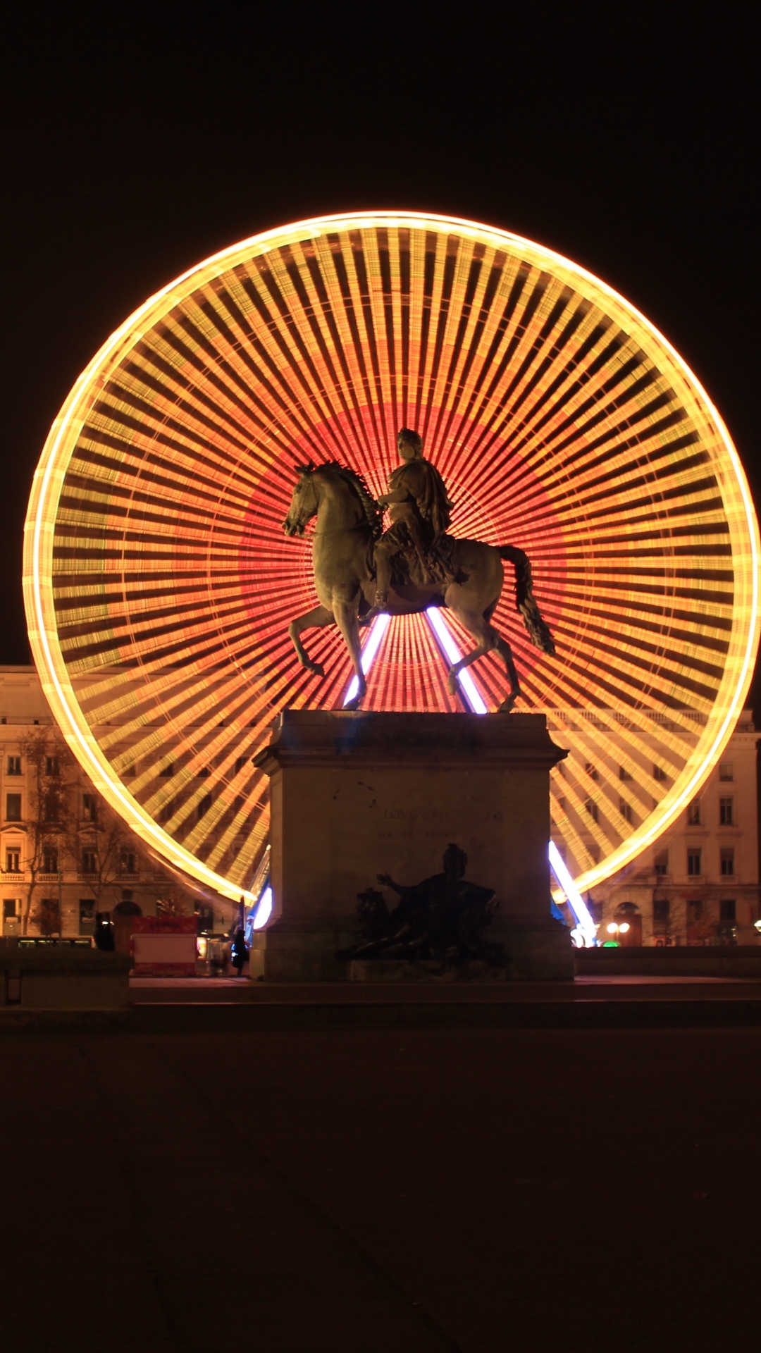 Download mobile wallpaper Night, Building, Light, France, Statue, Ferris Wheel, Man Made, Lyon for free.