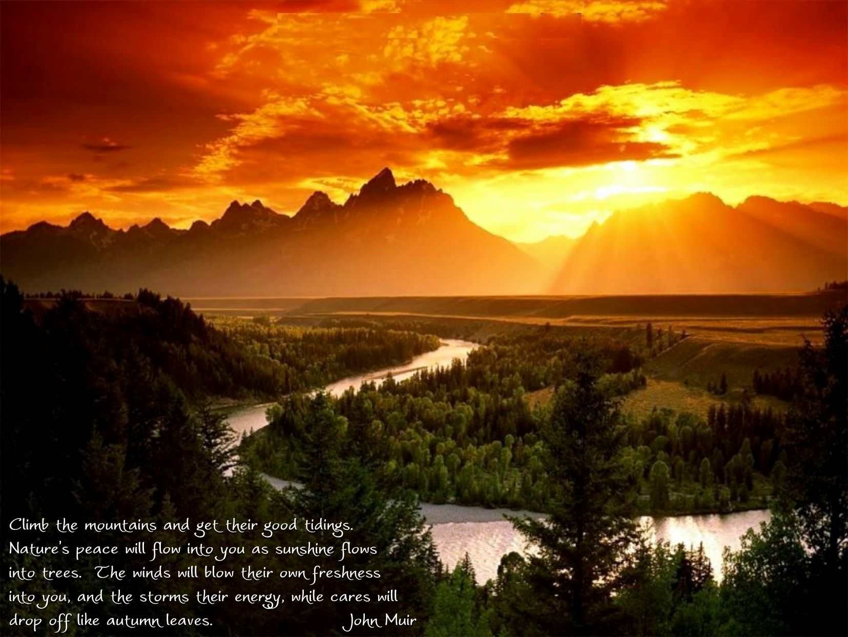 Free download wallpaper Landscape, Sunset, Mountain, River, Quote, Misc on your PC desktop