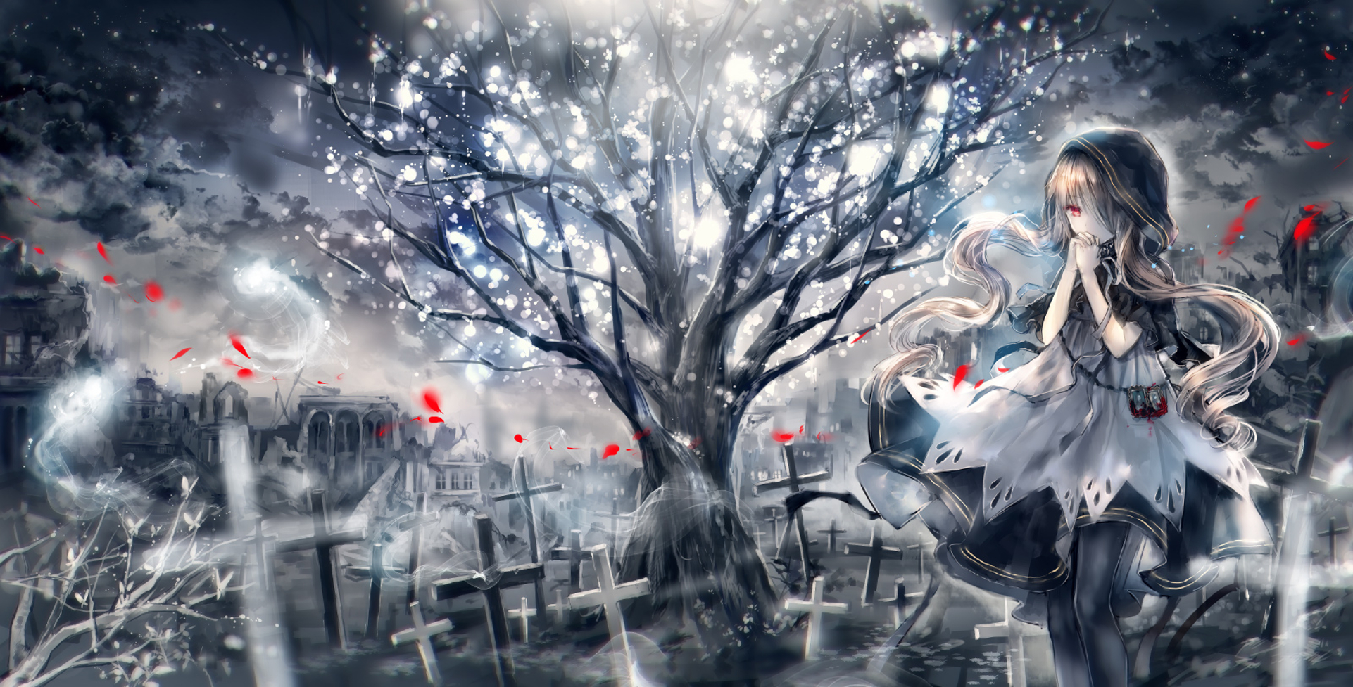 Laden Sie das Baum, Nacht, Original, Blondinen, Rote Augen, Animes, Friedhof-Bild kostenlos auf Ihren PC-Desktop herunter