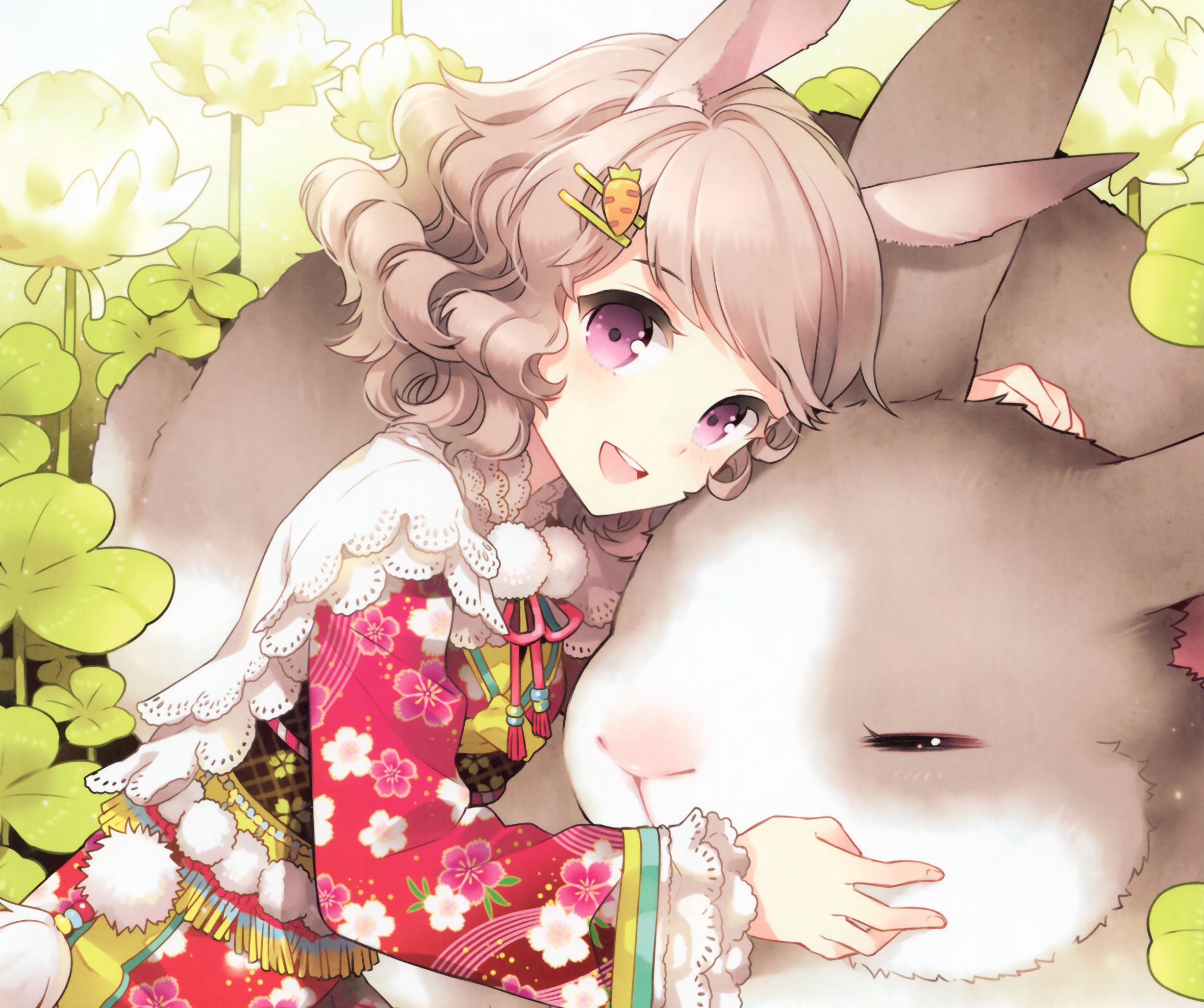 anime, original, blonde, blush, bunny ears, bunny, carrot, clover, dandelion, kimono, purple eyes, short hair, smile