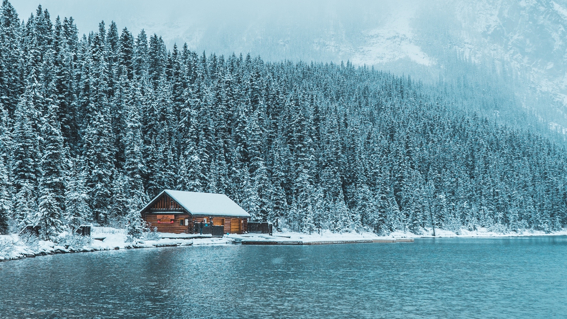 PCデスクトップに冬, 雪, 湖, 森, キャビン, マンメイド画像を無料でダウンロード