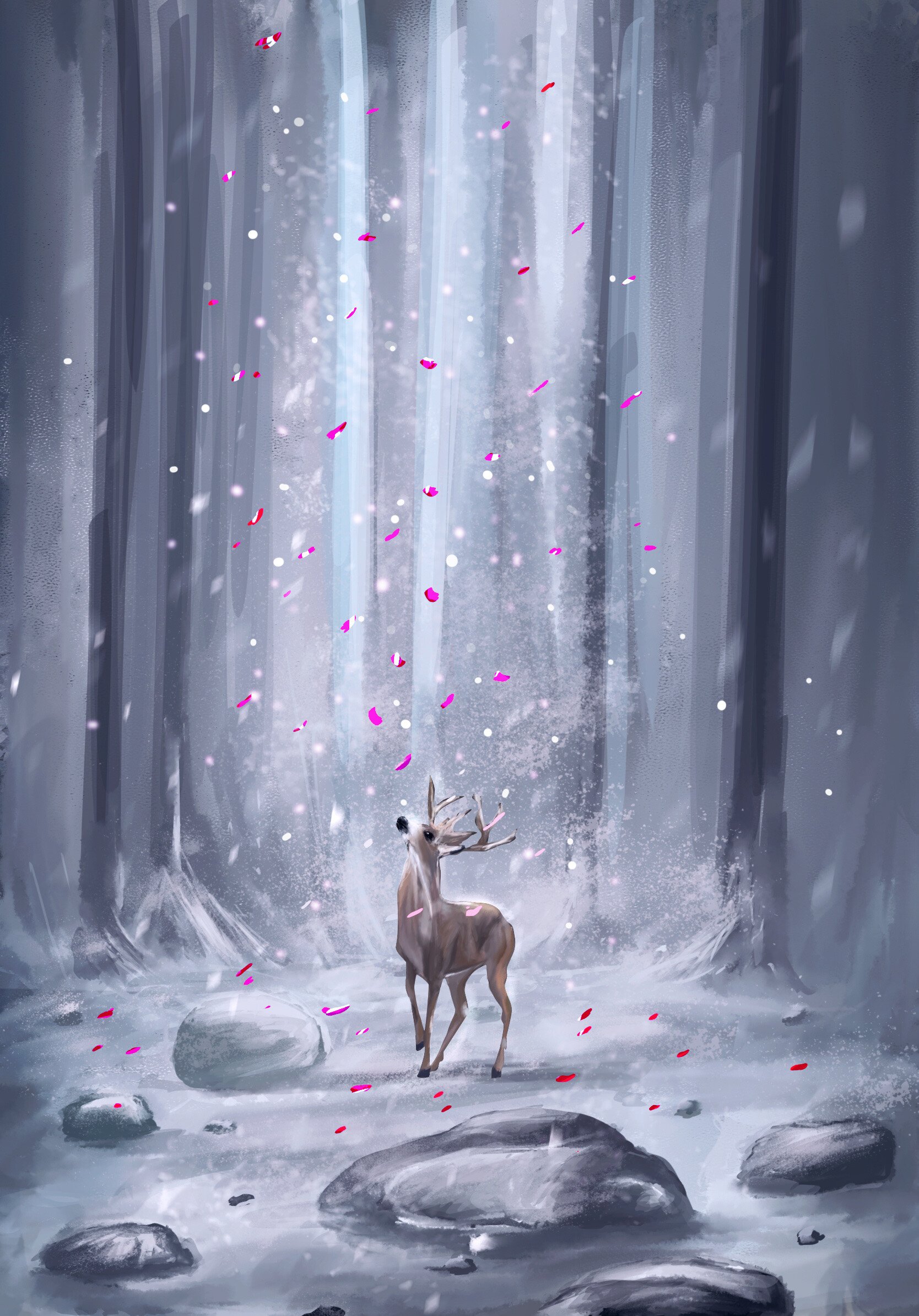 Download mobile wallpaper Snow, Petals, Forest, Deer, Art for free.