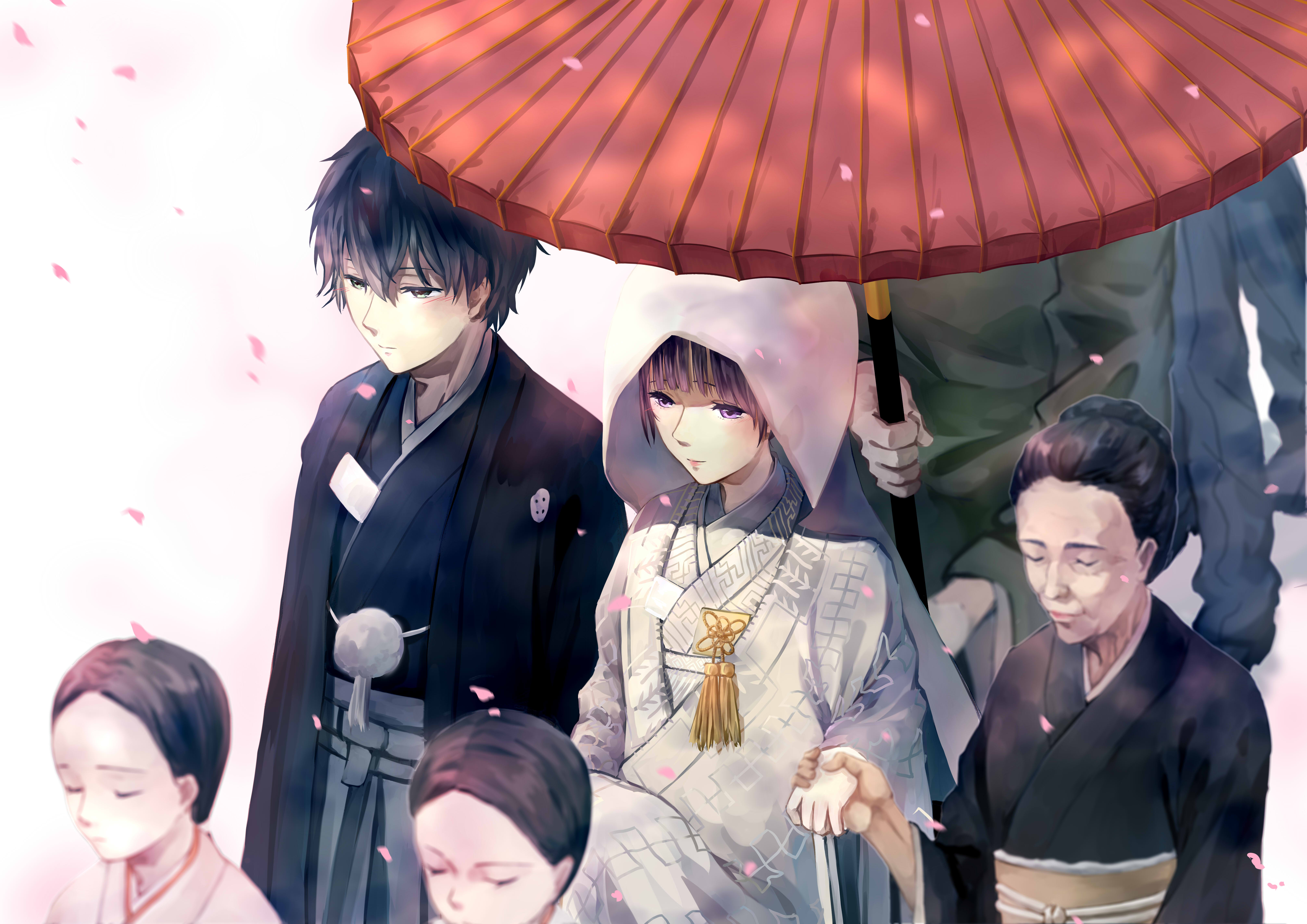Laden Sie das Regenschirm, Animes, Schwarzes Haar, Braune Haare, Lila Augen, Eru Chitanda, Hōtarō Oreki, Hyouka-Bild kostenlos auf Ihren PC-Desktop herunter