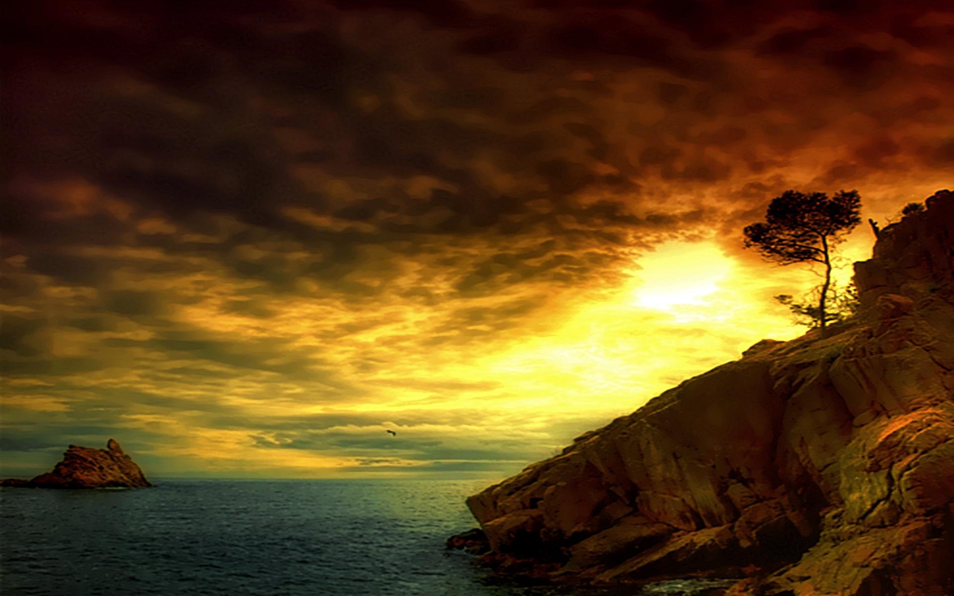 Download mobile wallpaper Sunset, Sea, Horizon, Coast, Tree, Ocean, Earth, Coastline for free.