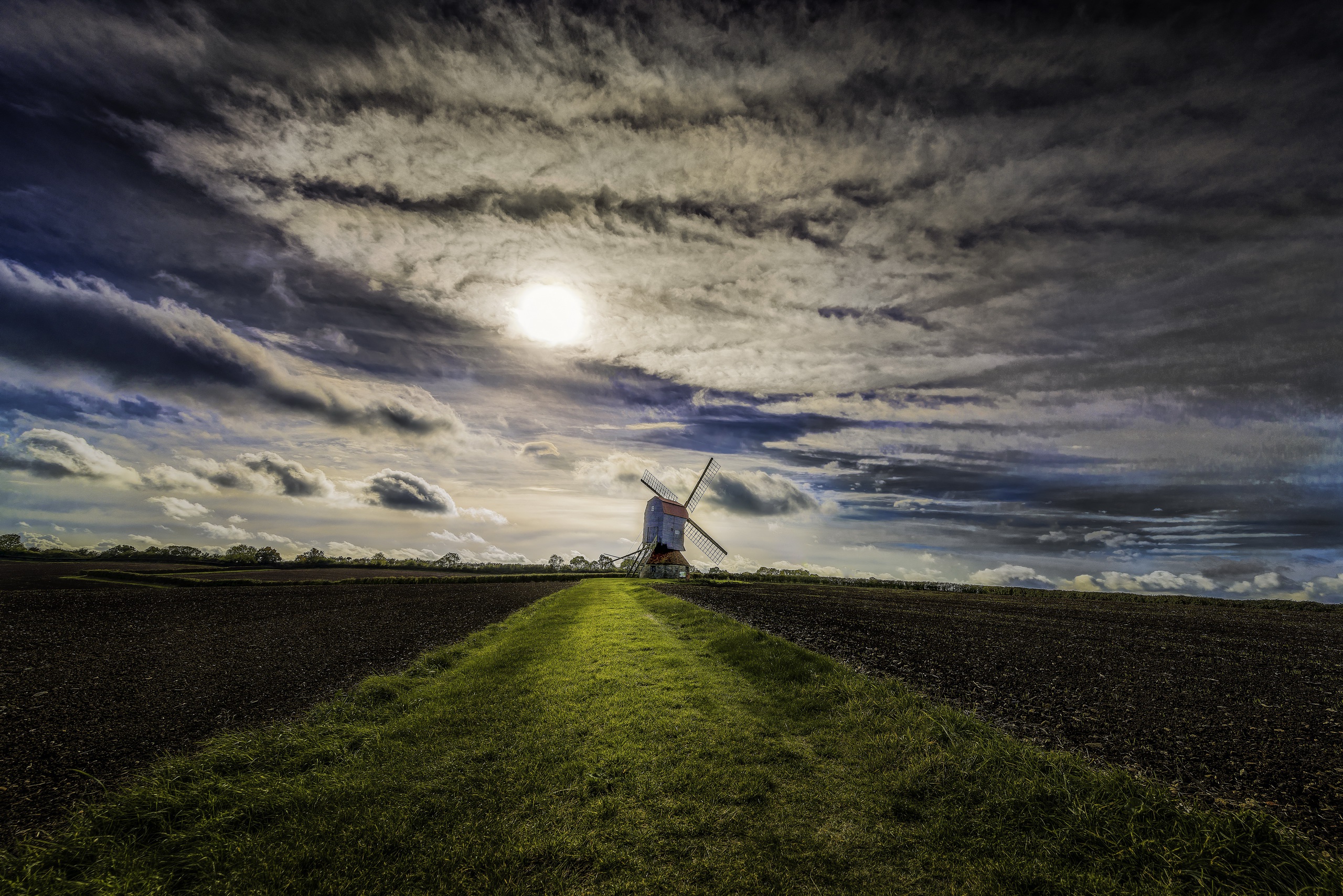 Download mobile wallpaper Landscape, Sky, Field, Cloud, Windmill, Man Made for free.