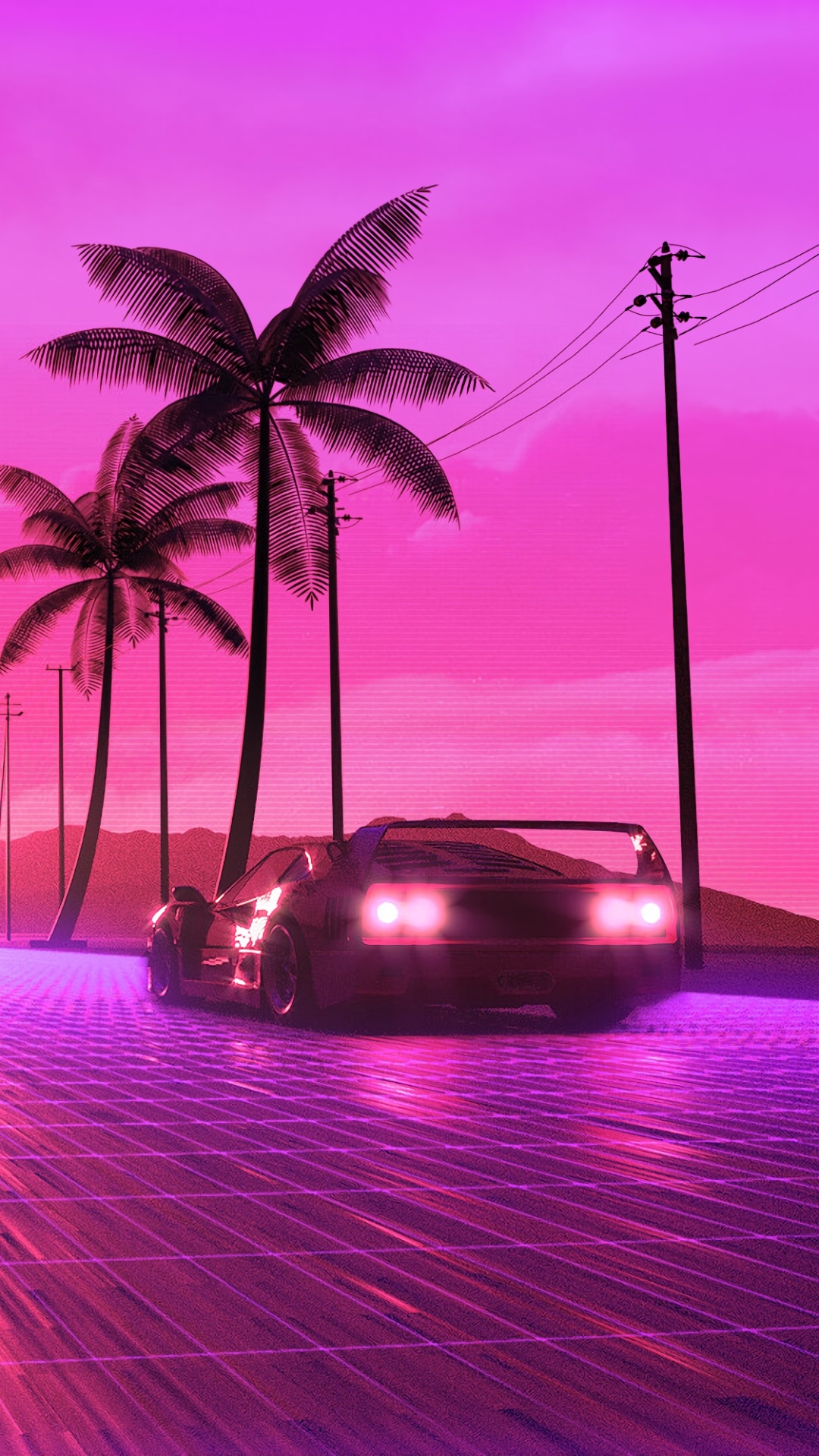 Download mobile wallpaper Pink, Car, Artistic, Palm Tree, Retro Wave for free.