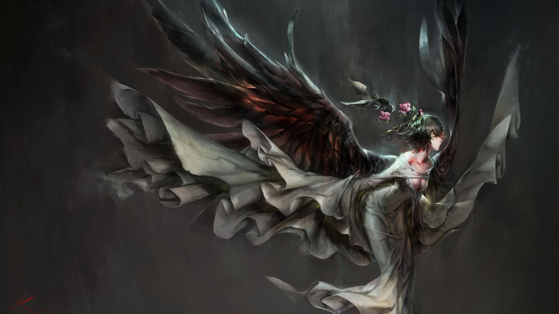 Free download wallpaper Anime, Flower, Dark, Wings, Dress, Original on your PC desktop