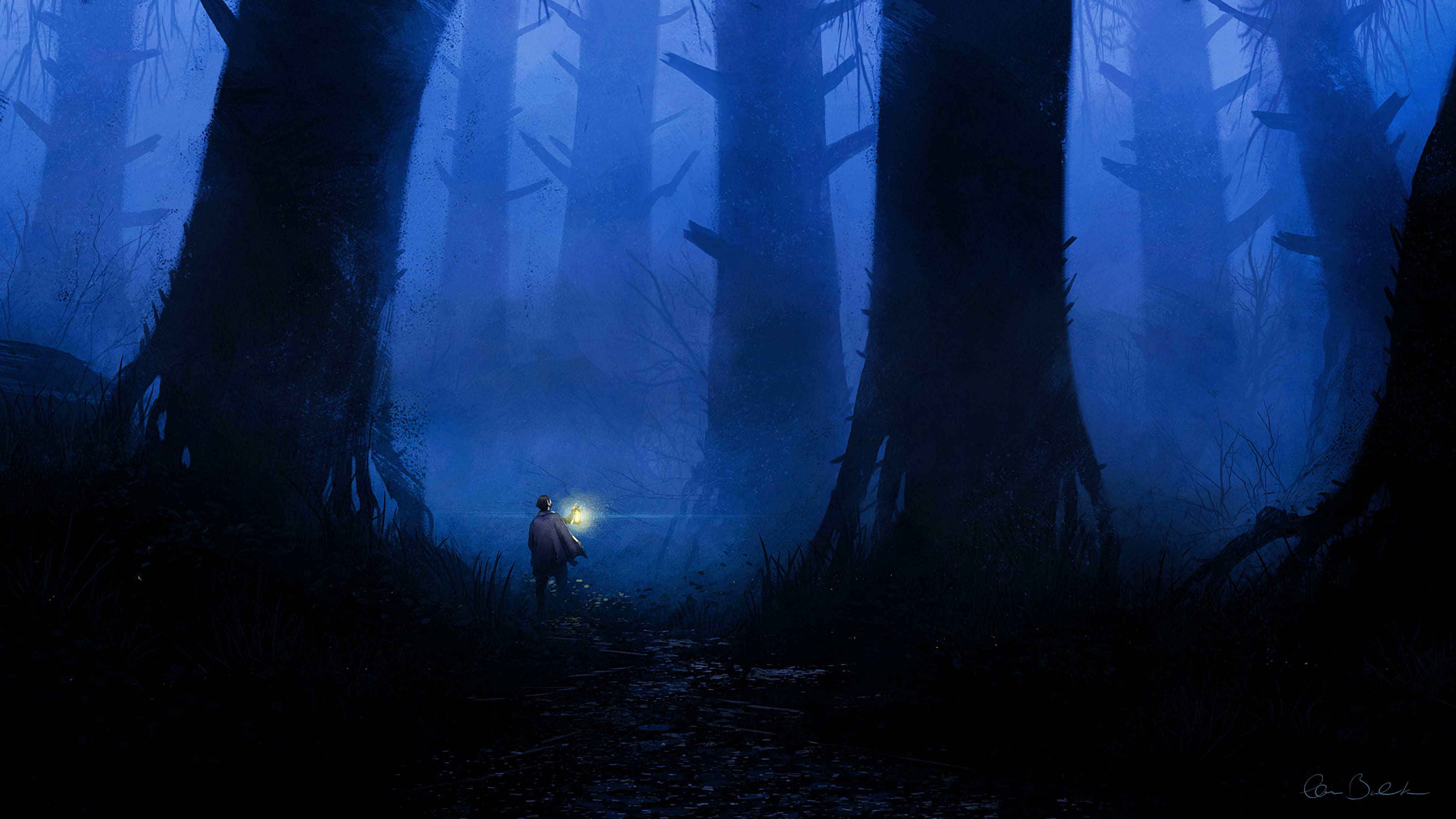 82512 скачать картинку фонарь, деревья, лес, арт, туман, одиночество - обои и заставки бесплатно