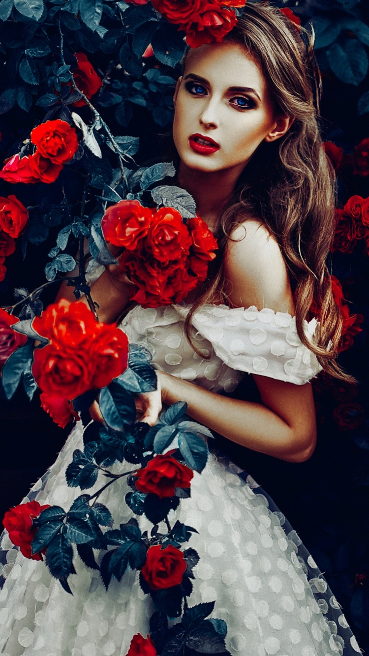 Download mobile wallpaper Flower, Rose, Brunette, Model, Women, Red Rose, Blue Eyes, Red Flower, Long Hair, White Dress for free.