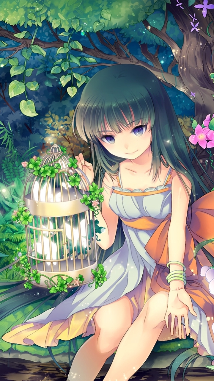 Download mobile wallpaper Anime, Flower, Girl, Spring, Purple Eyes, Birdcage for free.