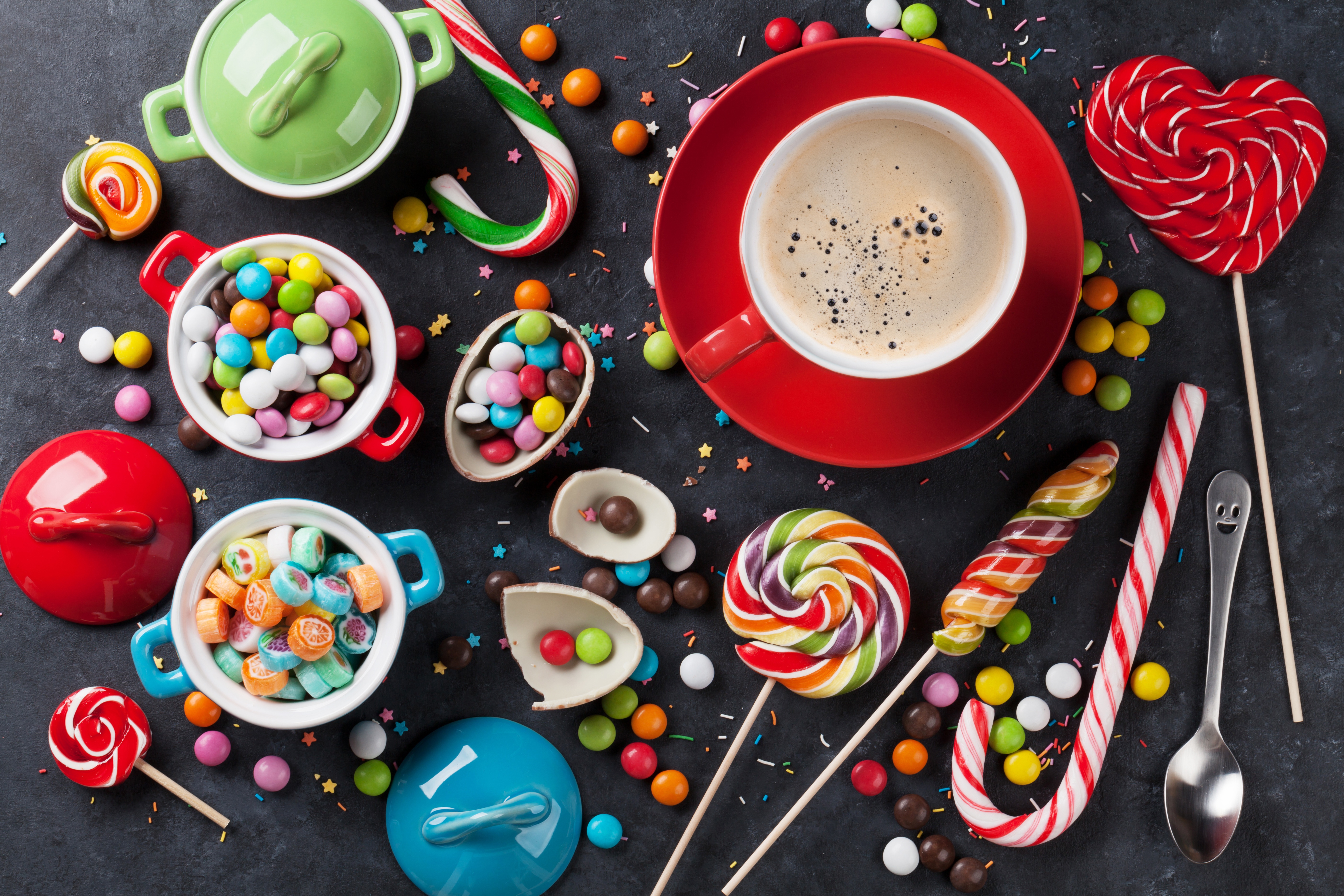 Free download wallpaper Food, Coffee, Cup, Colors, Colorful, Sweets, Lollipop, Candy on your PC desktop