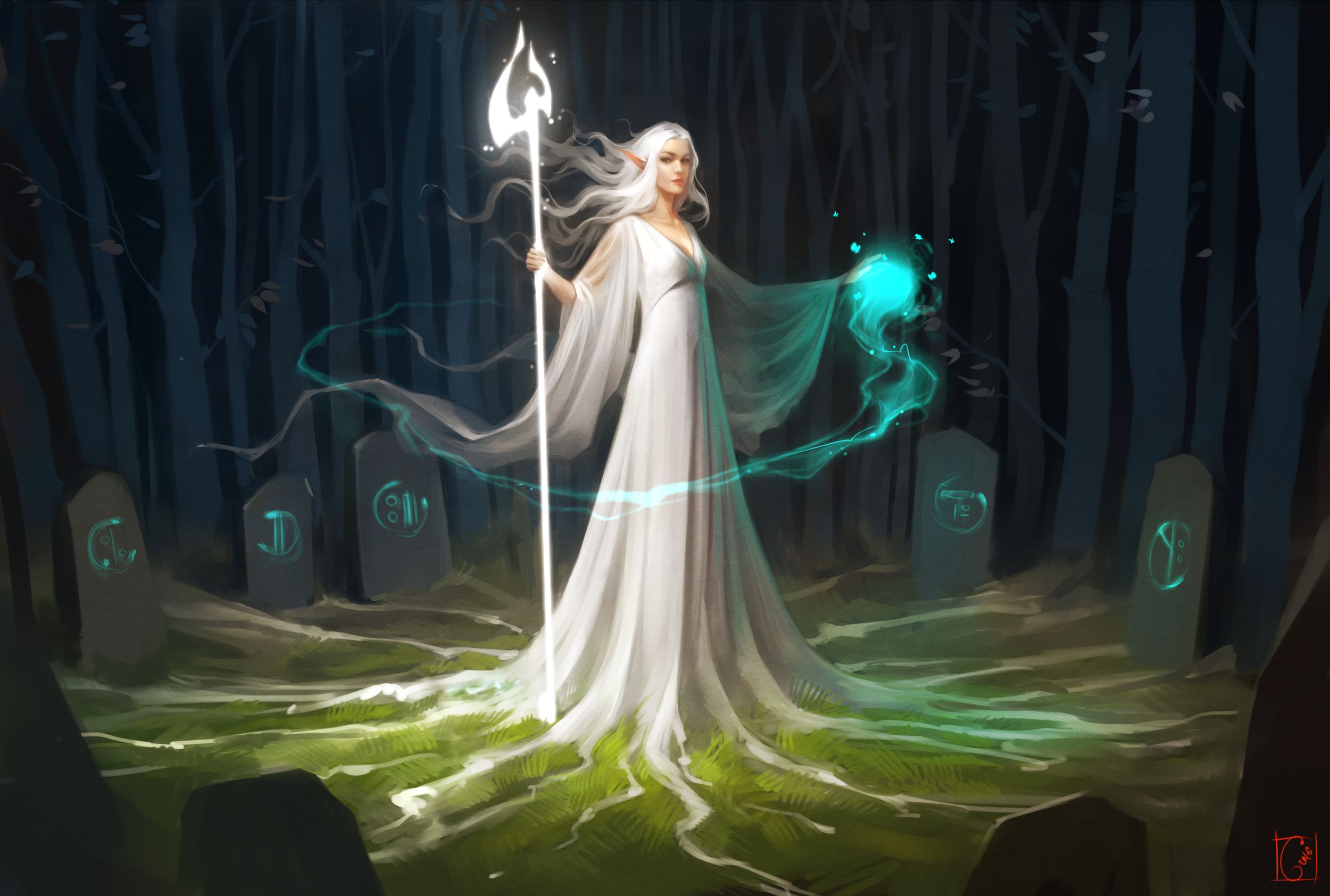 Download mobile wallpaper Magic, Fantasy, Elf, Staff, Pointed Ears, White Hair for free.