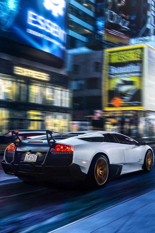 Download mobile wallpaper Lamborghini, City, Blur, Lamborghini Murcielago, Vehicles, Lamborghini Murciélago, White Car for free.