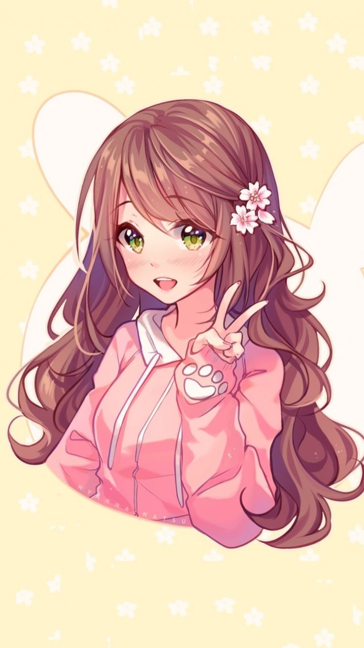 Download mobile wallpaper Anime, Smile, Cute, Green Eyes, Original, Long Hair, Brown Hair for free.