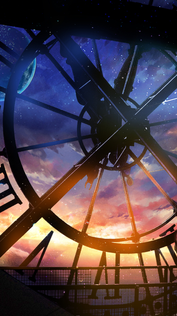 Download mobile wallpaper Sunset, Sky, Stars, Clock, Artistic for free.