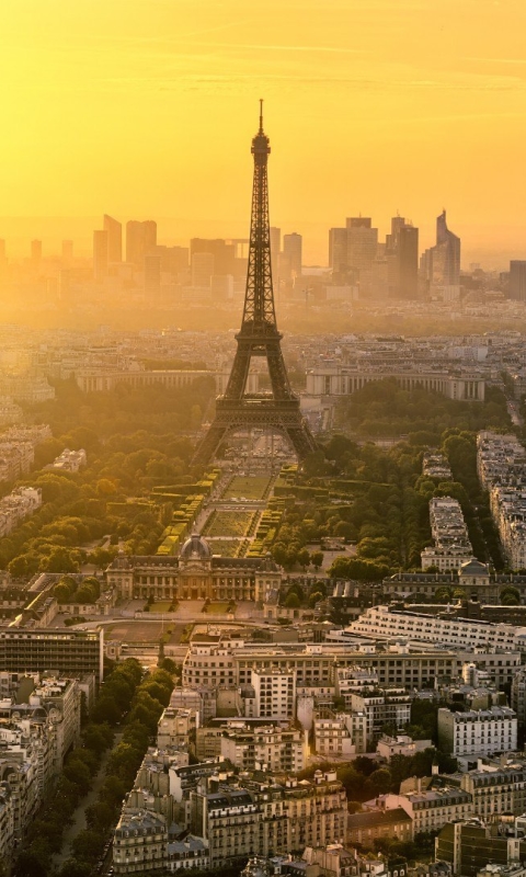 Download mobile wallpaper Paris, Eiffel Tower, Monuments, City, Building, Horizon, Fog, Sunrise, France, Aerial, Man Made for free.