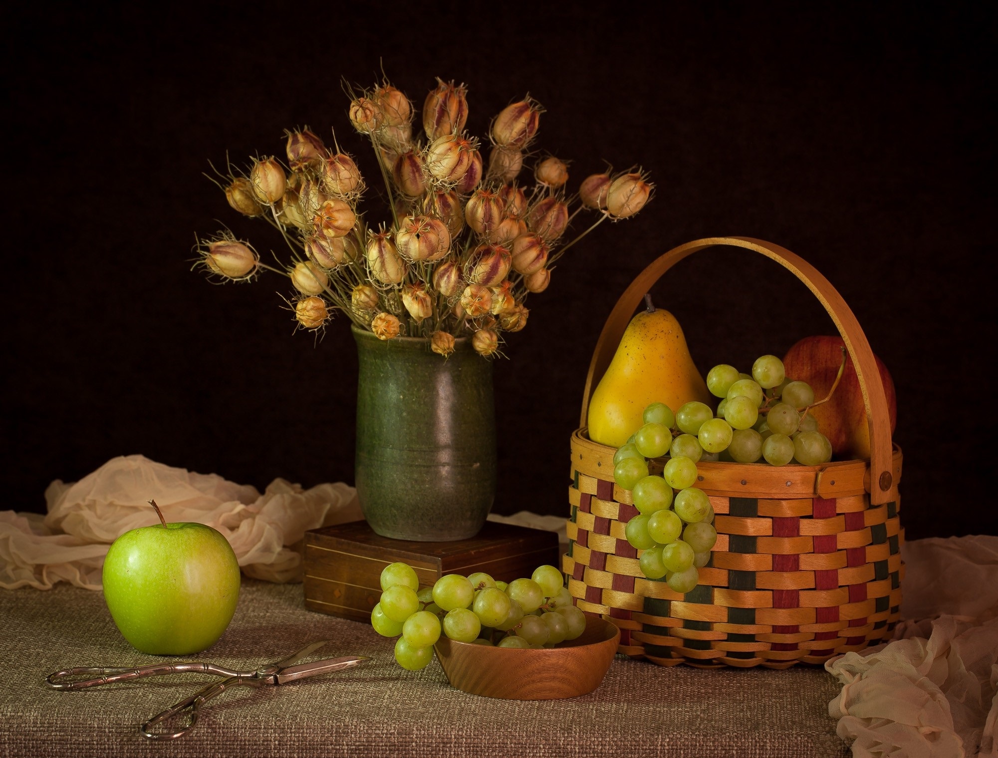 Download mobile wallpaper Apple, Grapes, Still Life, Flower, Fruit, Basket, Photography for free.