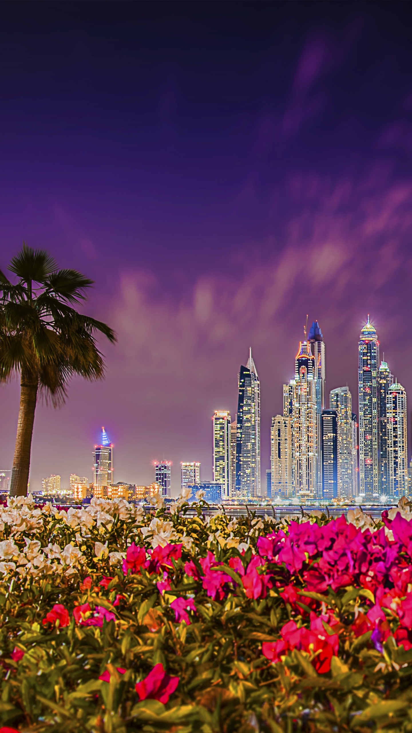 Download mobile wallpaper Cities, Night, City, Skyscraper, Building, Flower, Dubai, United Arab Emirates, Man Made for free.