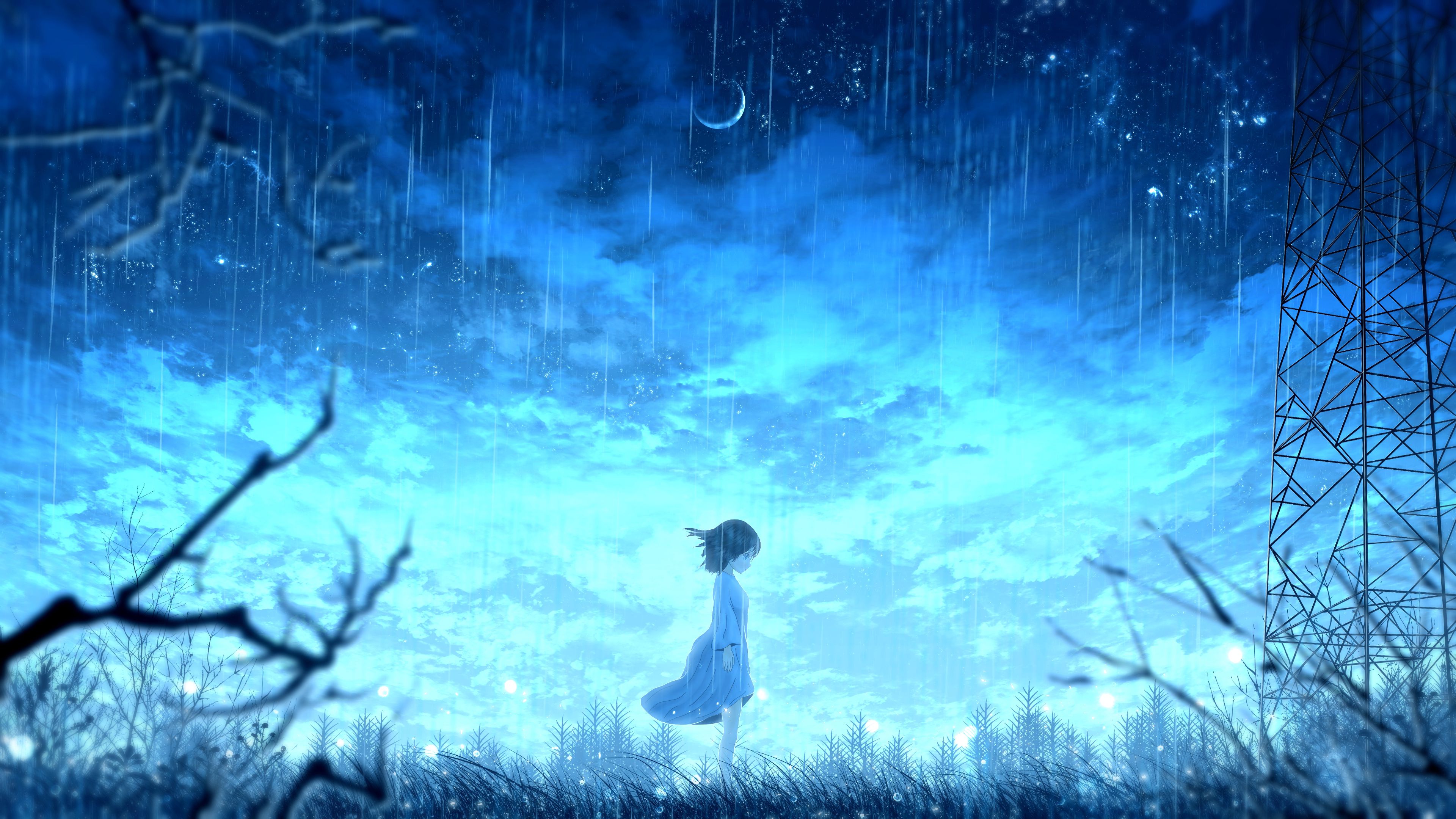 Wallpaper Full HD anime, girl, rain, shine, light, bright